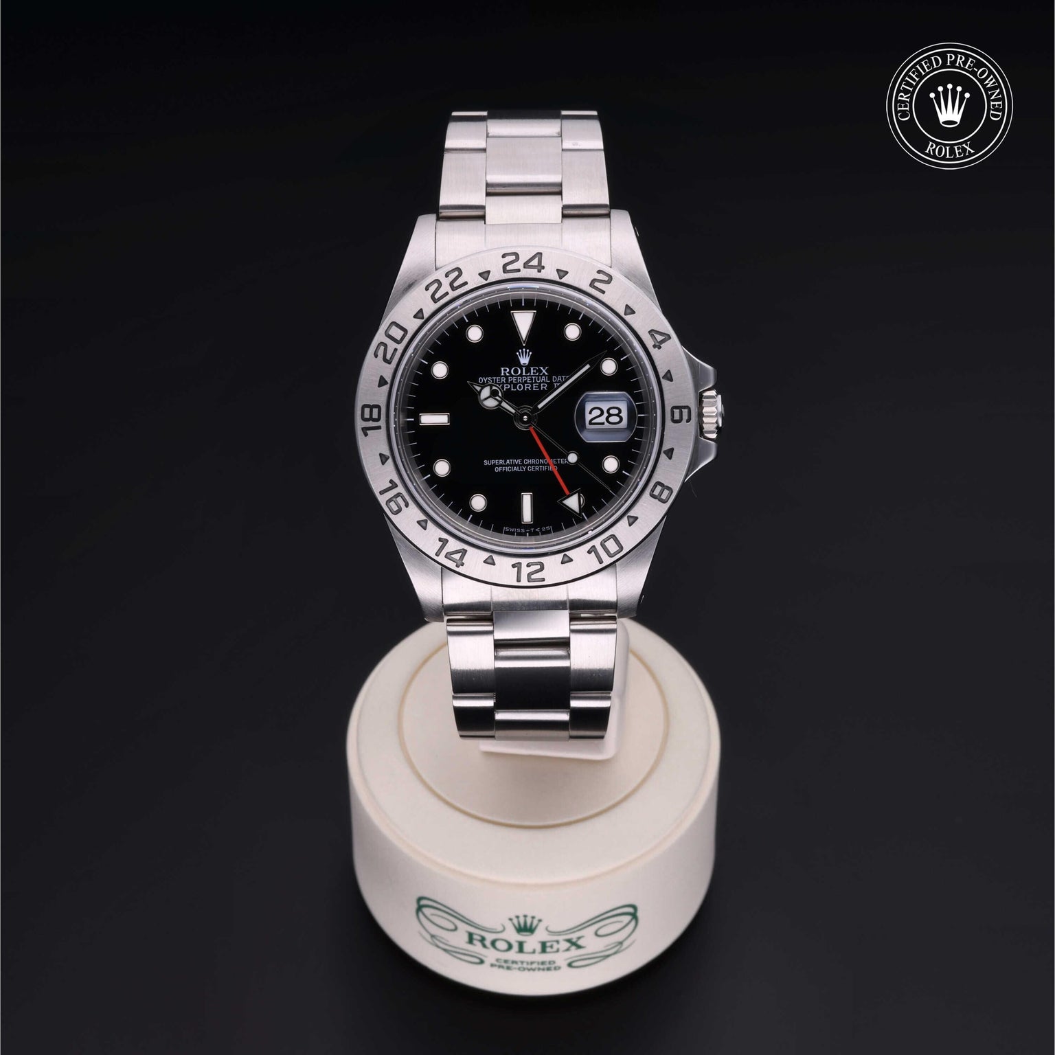 Rolex Certified Pre-owned Explorer M16570-0005 front on black background