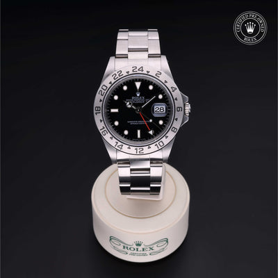 Rolex Certified Pre-owned Explorer M16570-0005 front on black background