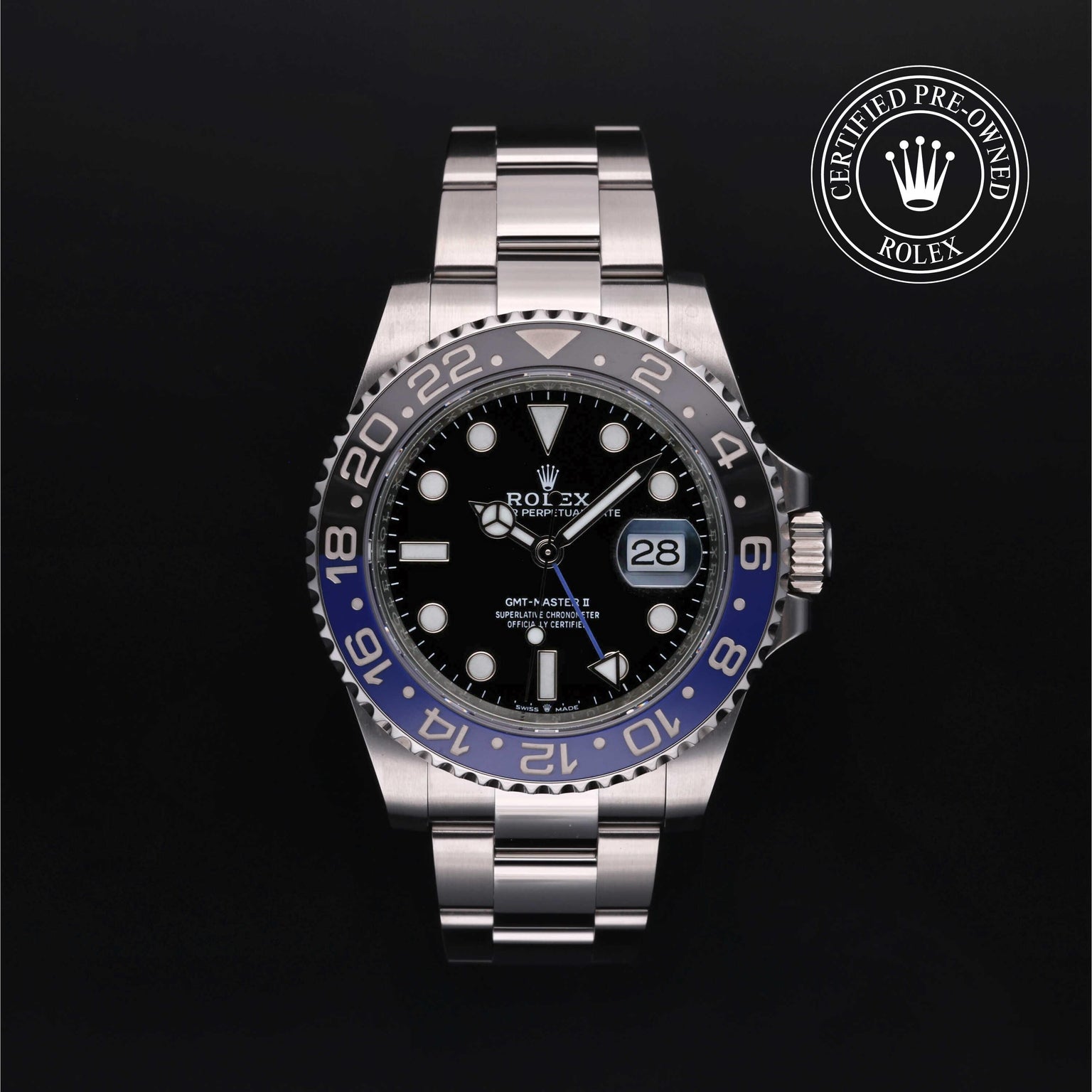 Rolex Certified Pre-owned GMT M126710BLNR-0003 front on black background