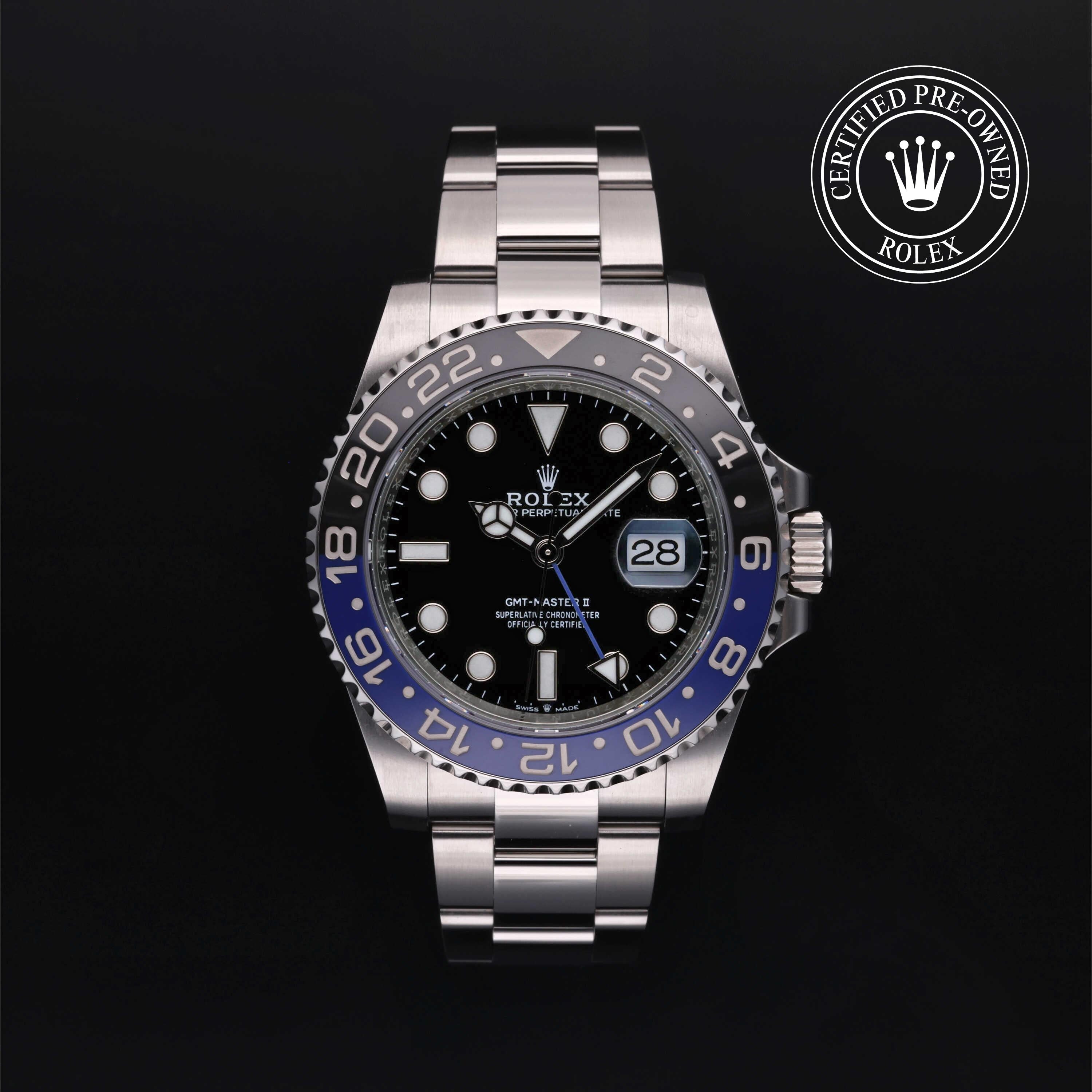 Rolex Certified Pre-owned GMT M126710BLNR-0003 front on black background