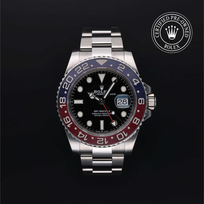 Rolex Certified Pre-owned GMT M126710BLRO-0002 front on black background