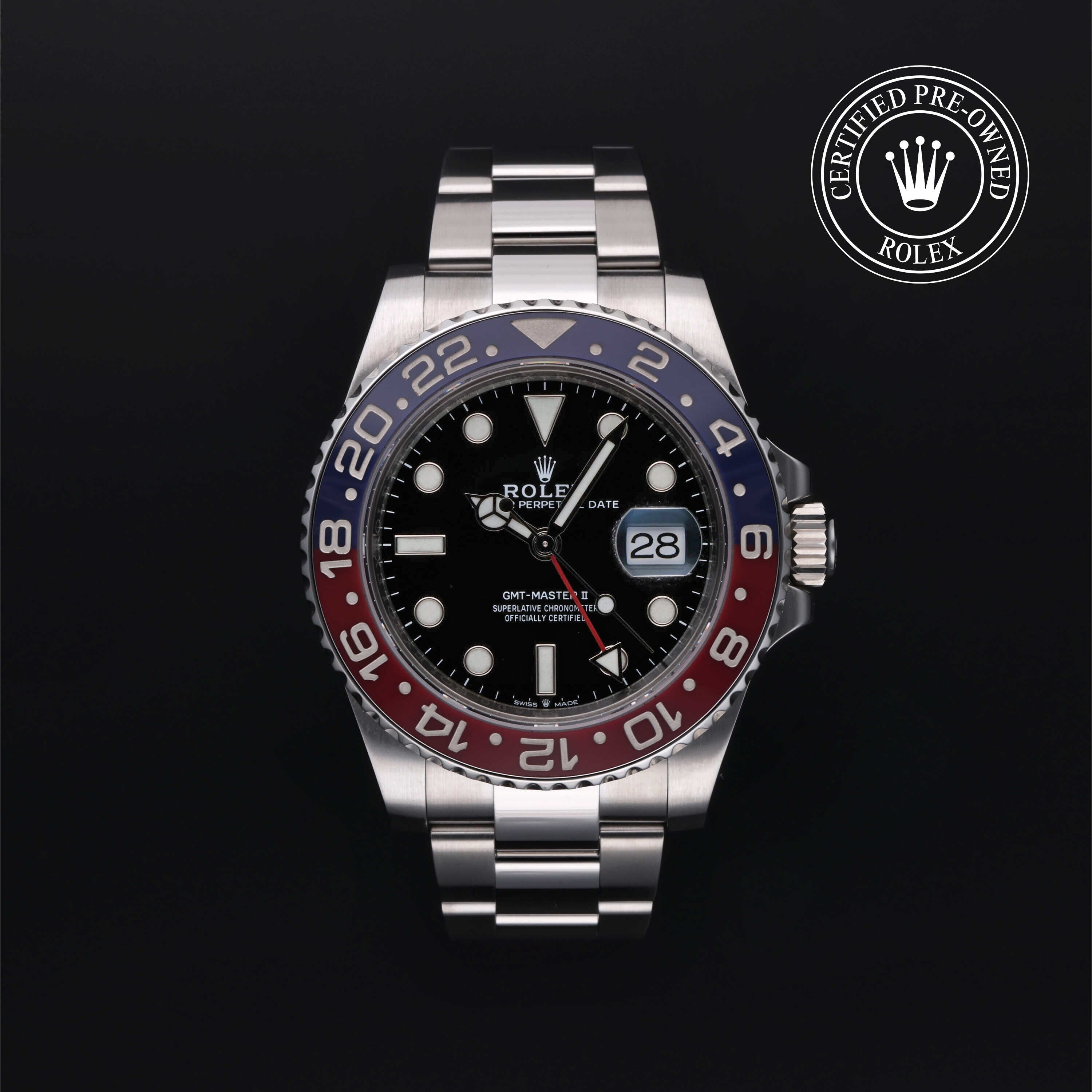 Rolex Certified Pre-owned GMT M126710BLRO-0002 front on black background