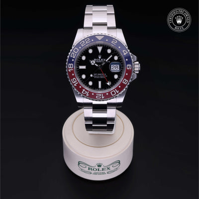 Rolex Certified Pre-owned GMT M126710BLRO-0002 front on black background