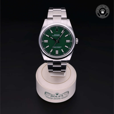 Rolex Certified Pre-owned Oyster Perpetual M124300-0005 front on black background