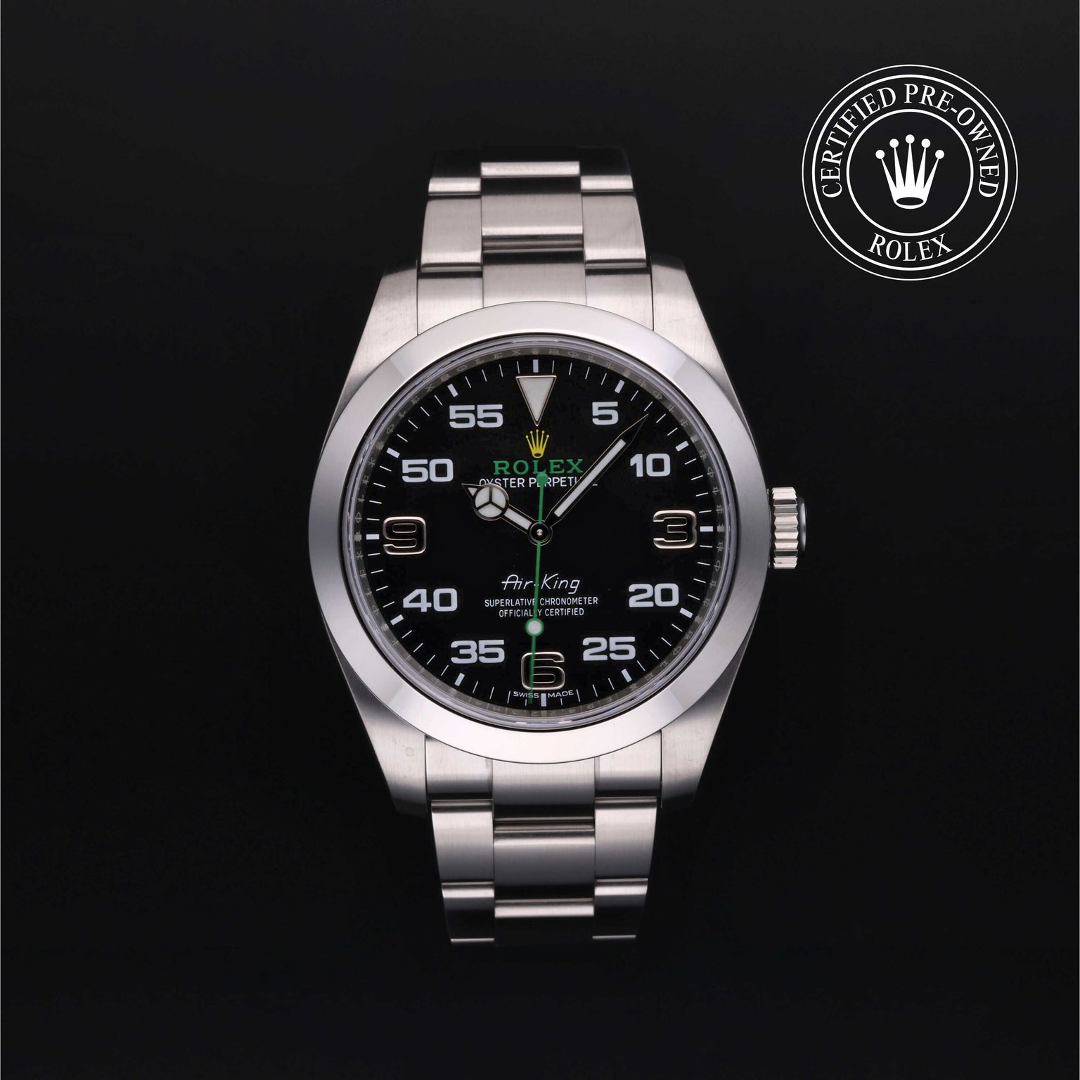 Rolex Certified Pre-owned Air-King M116900-0001 front on black background