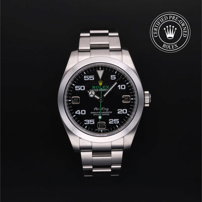 Rolex Certified Pre-owned Air-King M116900-0001 front on black background