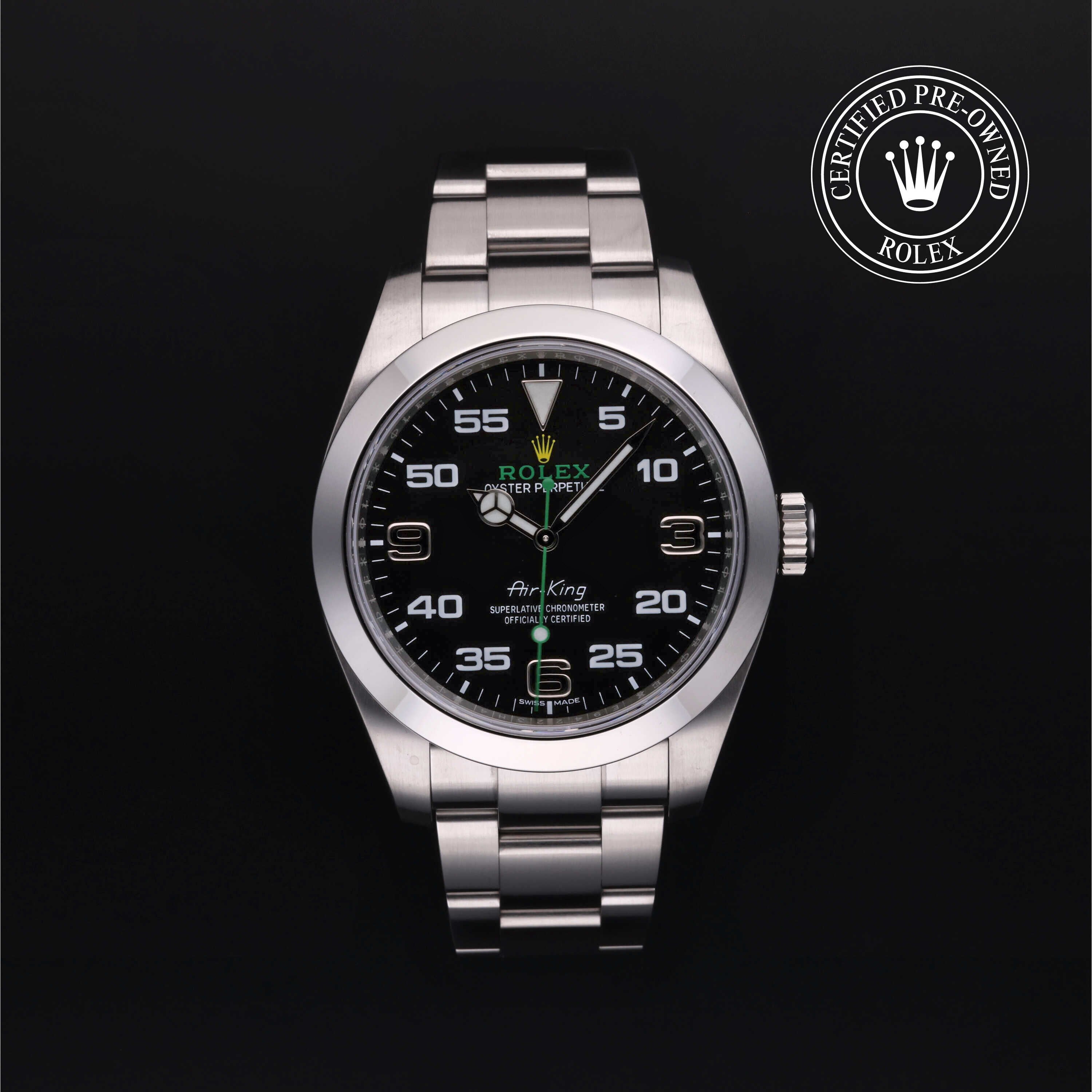 Rolex Certified Pre-owned Air-King M116900-0001 front on black background