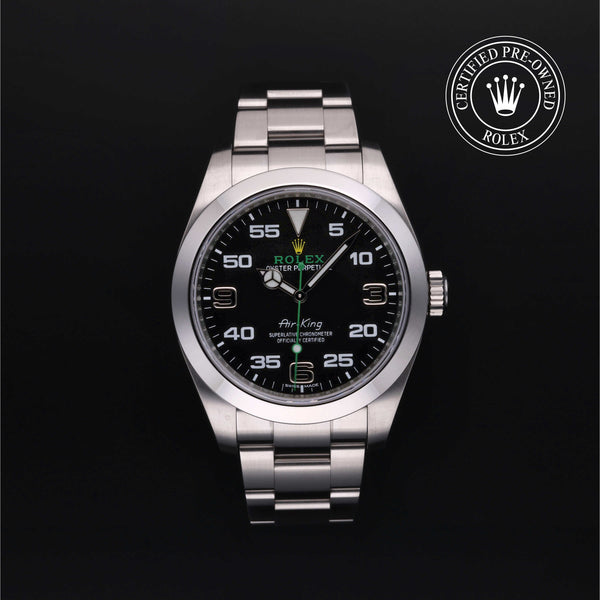 Rolex Certified Pre-owned Air-King M116900-0001 front on black background