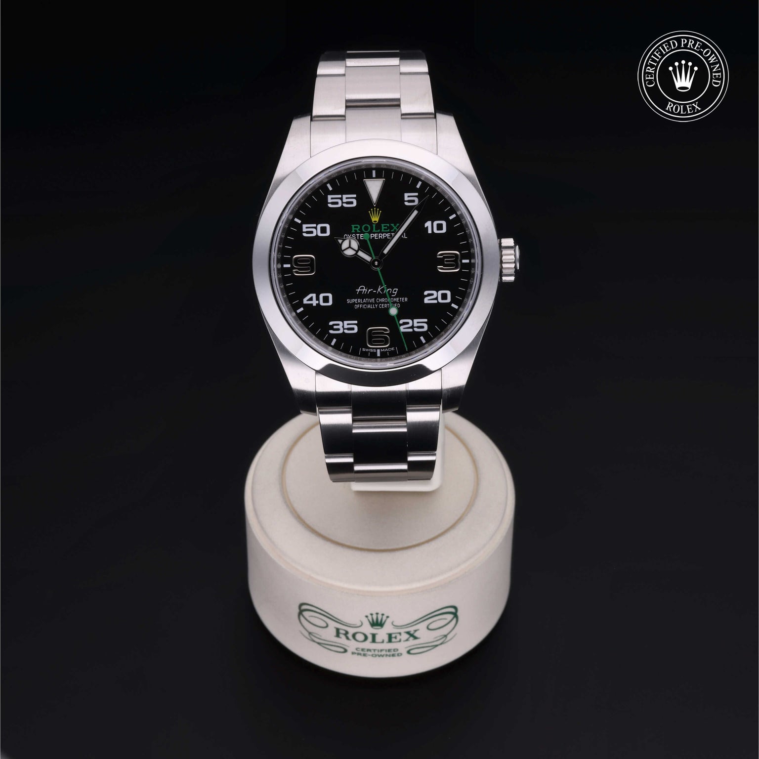 Rolex Certified Pre-owned Air-King M116900-0001 front on black background