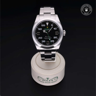 Rolex Certified Pre-owned Air-King M116900-0001 front on black background