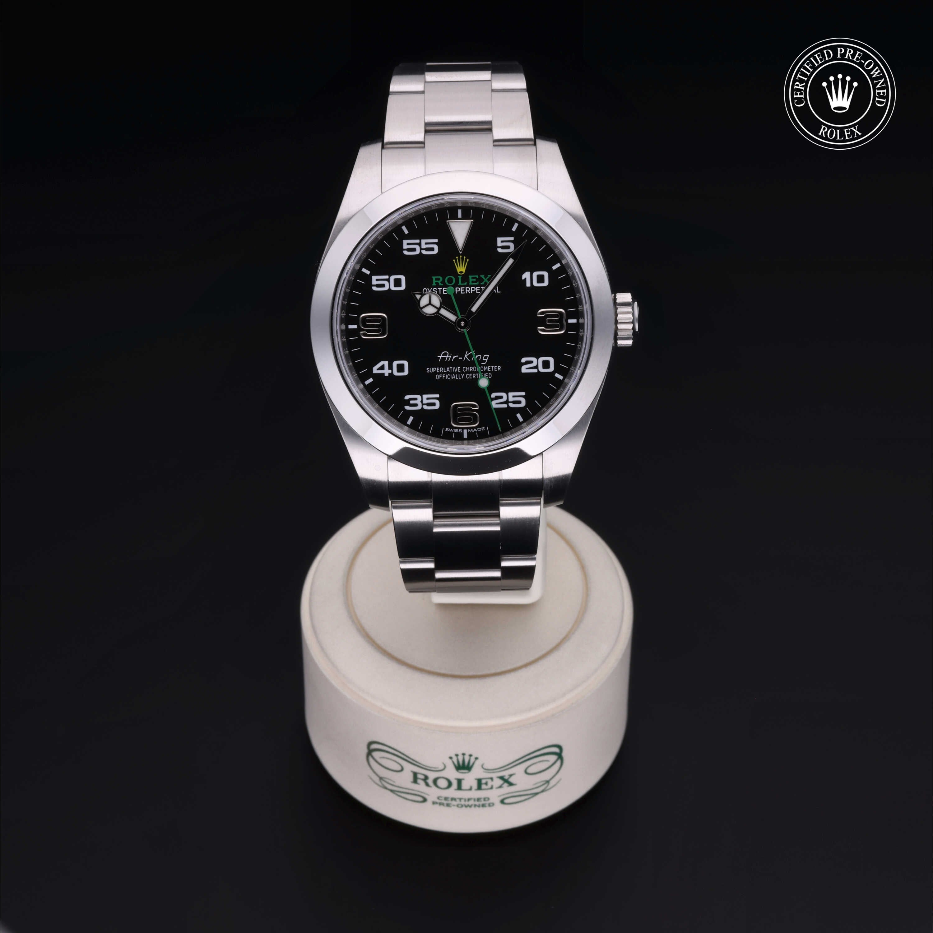 Rolex Certified Pre-owned Air-King M116900-0001 front on black background