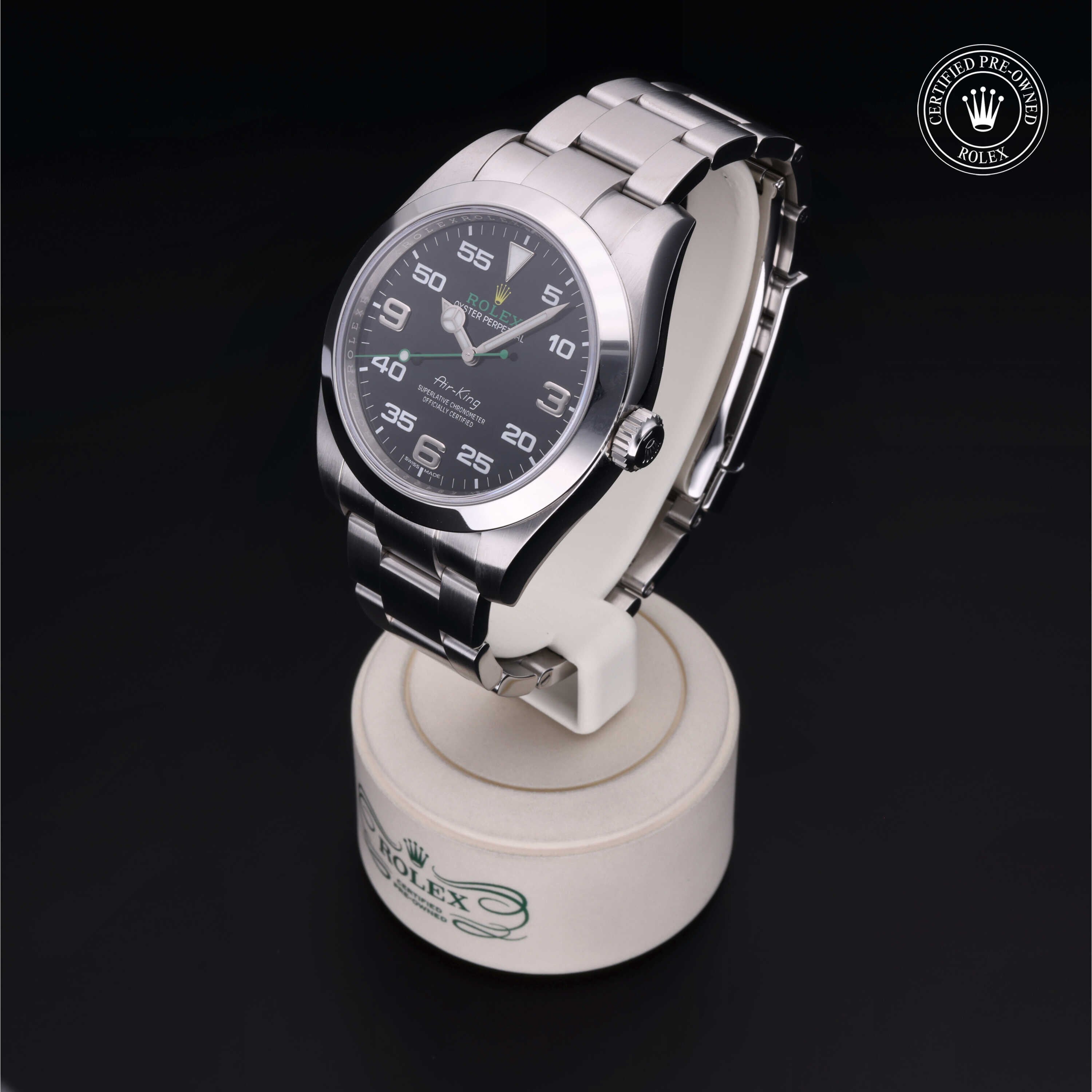 Rolex Certified Pre-owned Air-King M116900-0001 front on black background