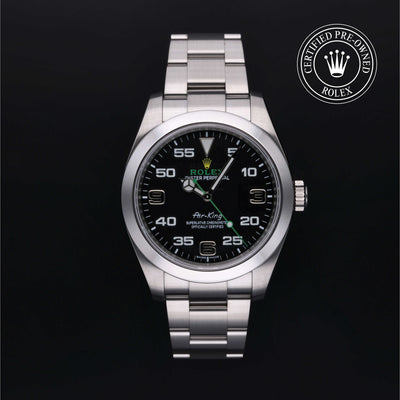 Rolex Certified Pre-owned Air-King M116900-0001 front on black background