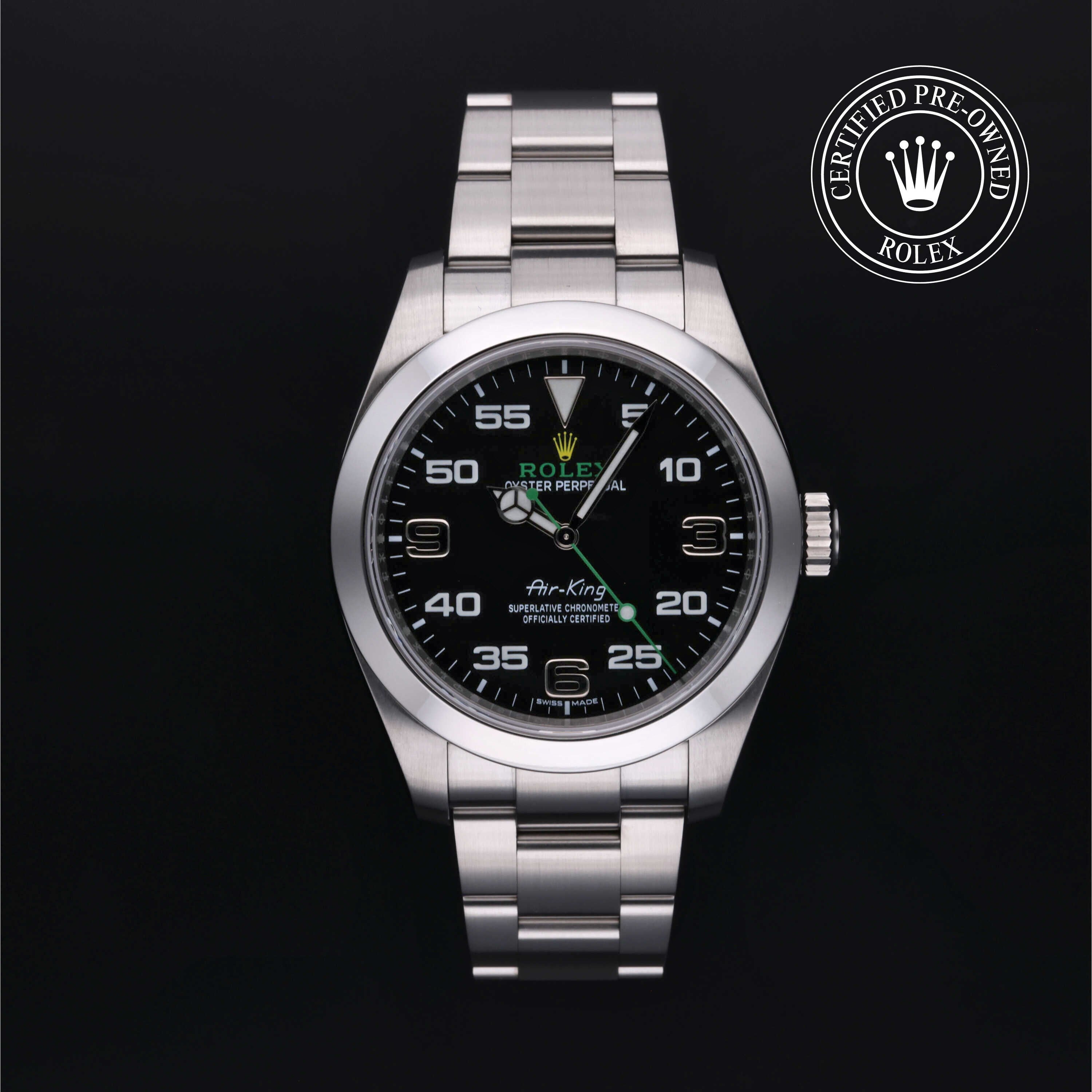 Rolex Certified Pre-owned Air-King M116900-0001 front on black background