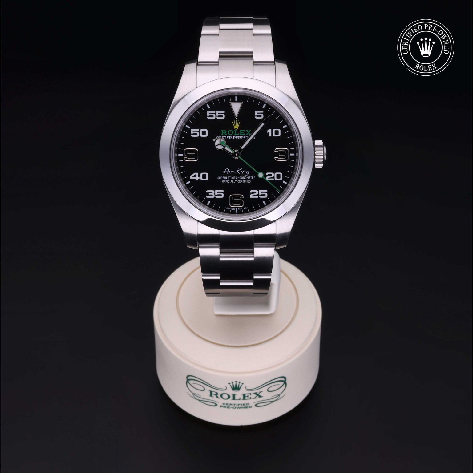 Rolex Certified Pre-owned Air-King M116900-0001 front on black background