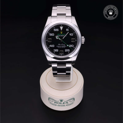 Rolex Certified Pre-owned Air-King M116900-0001 front on black background