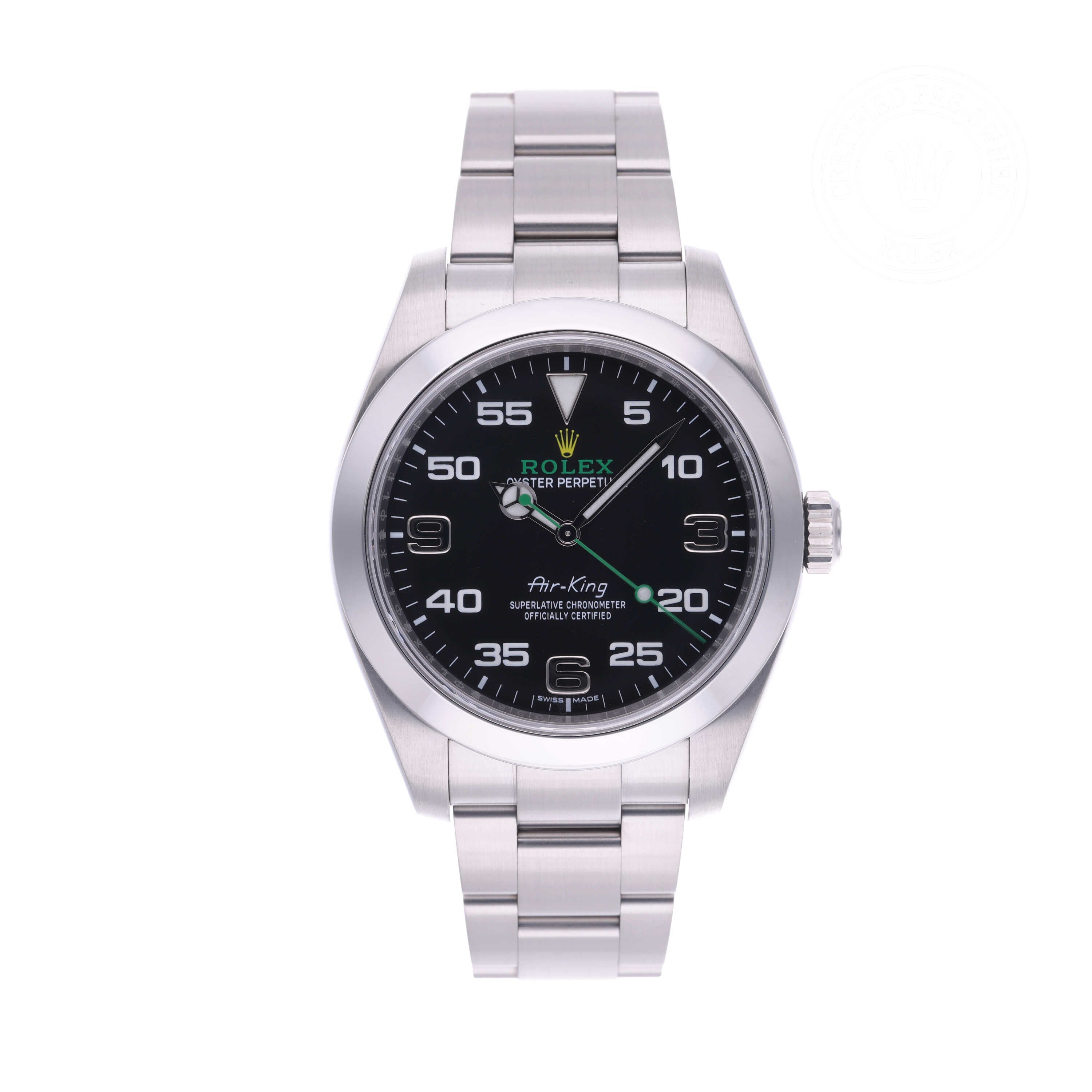 Rolex Certified Pre-owned Air-King M116900-0001 front on white background