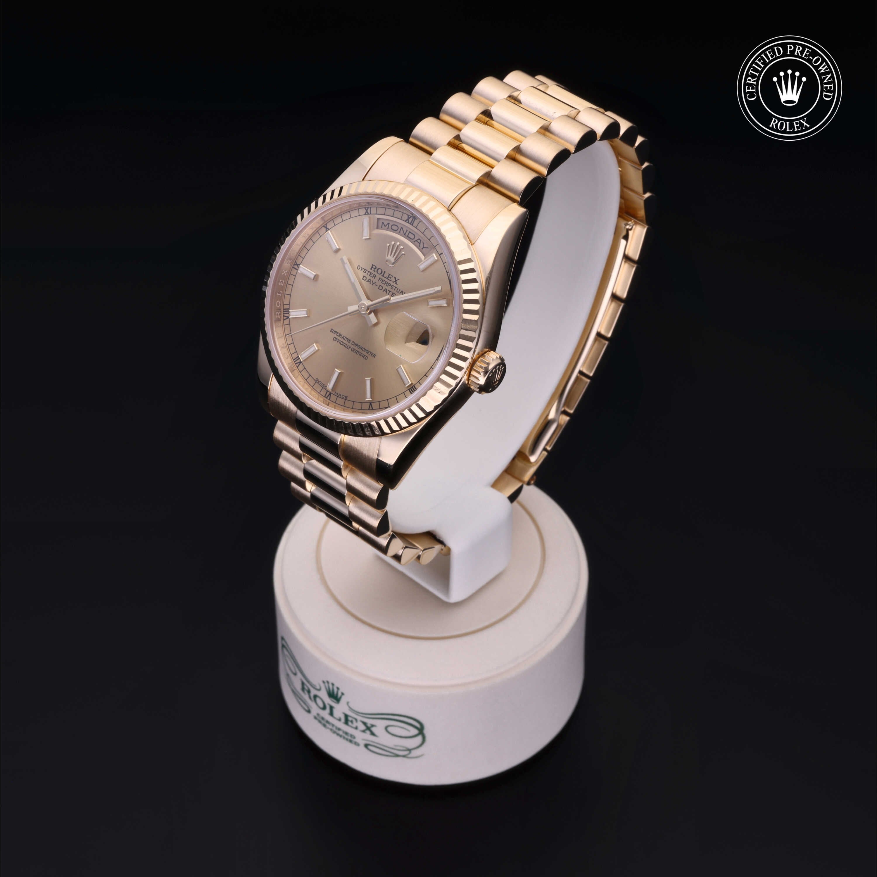Rolex Certified Pre-owned Day-date M118238-0103 front on black background