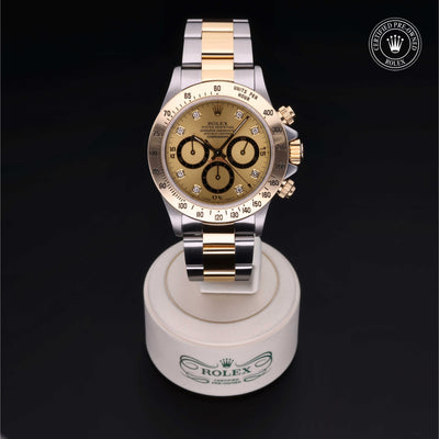 Rolex Certified Pre-owned Daytona M16523-0010 front on black background
