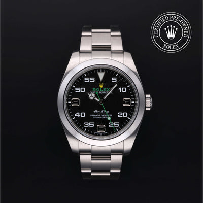 Rolex Certified Pre-owned Air-King M116900-0001 front on black background