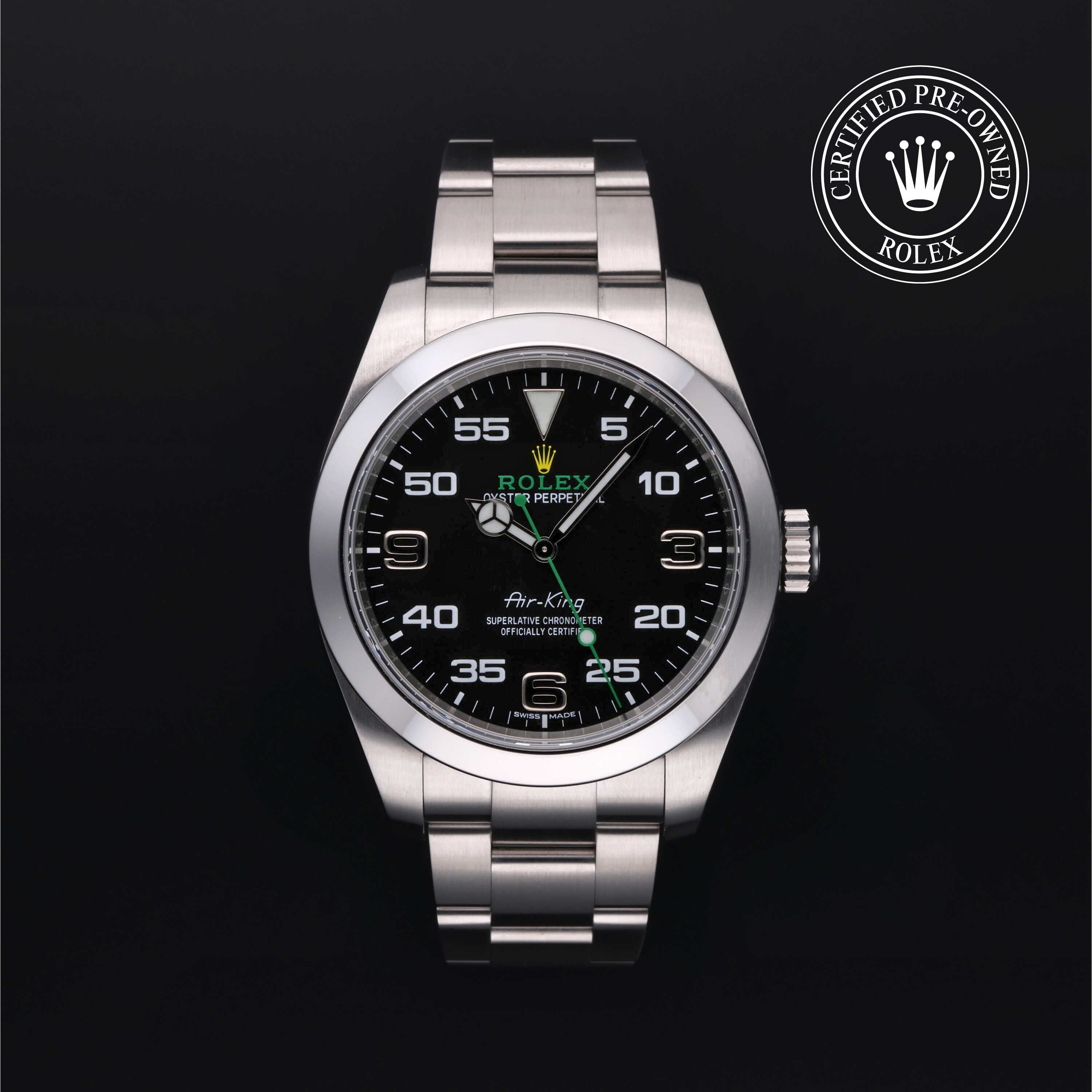 Rolex Certified Pre-owned Air-King M116900-0001 front on black background