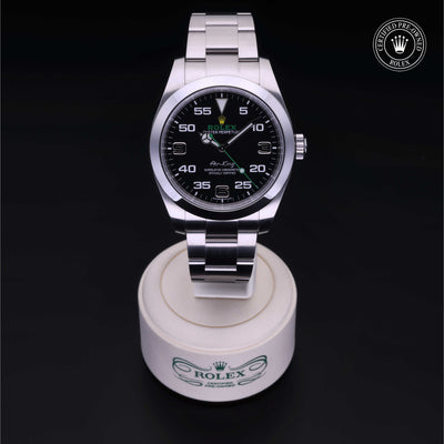 Rolex Certified Pre-owned Air-King M116900-0001 front on black background