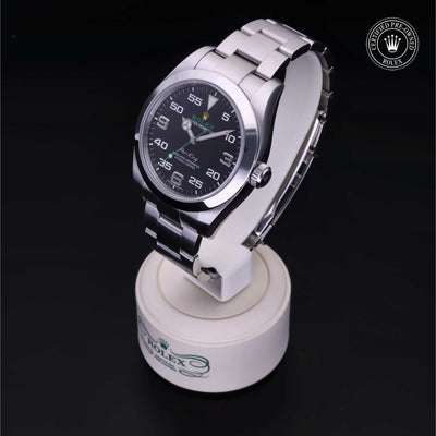 Rolex Certified Pre-owned Air-King M116900-0001 front on black background