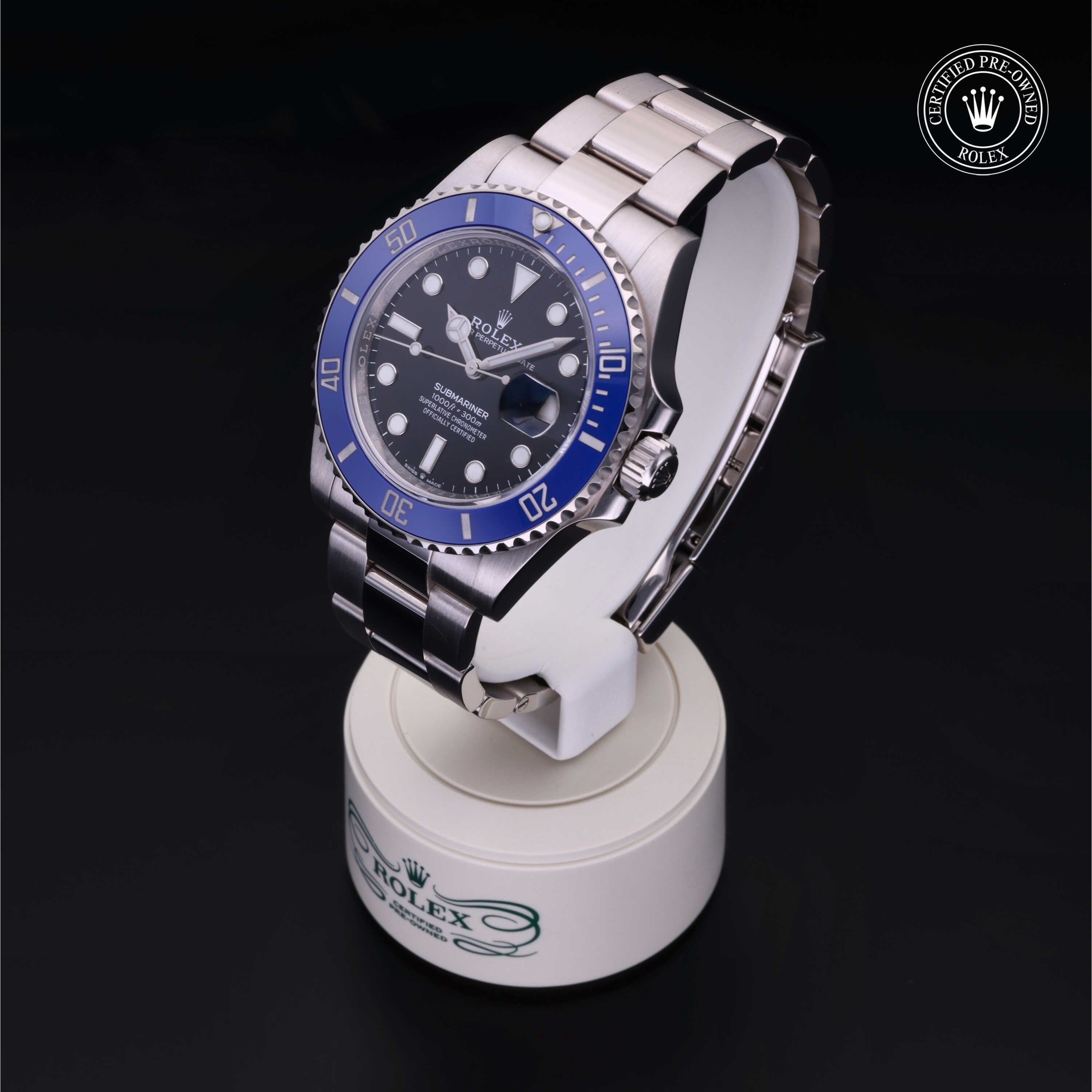 Rolex Certified Pre-owned Submariner M126619LB-0003 front on black background