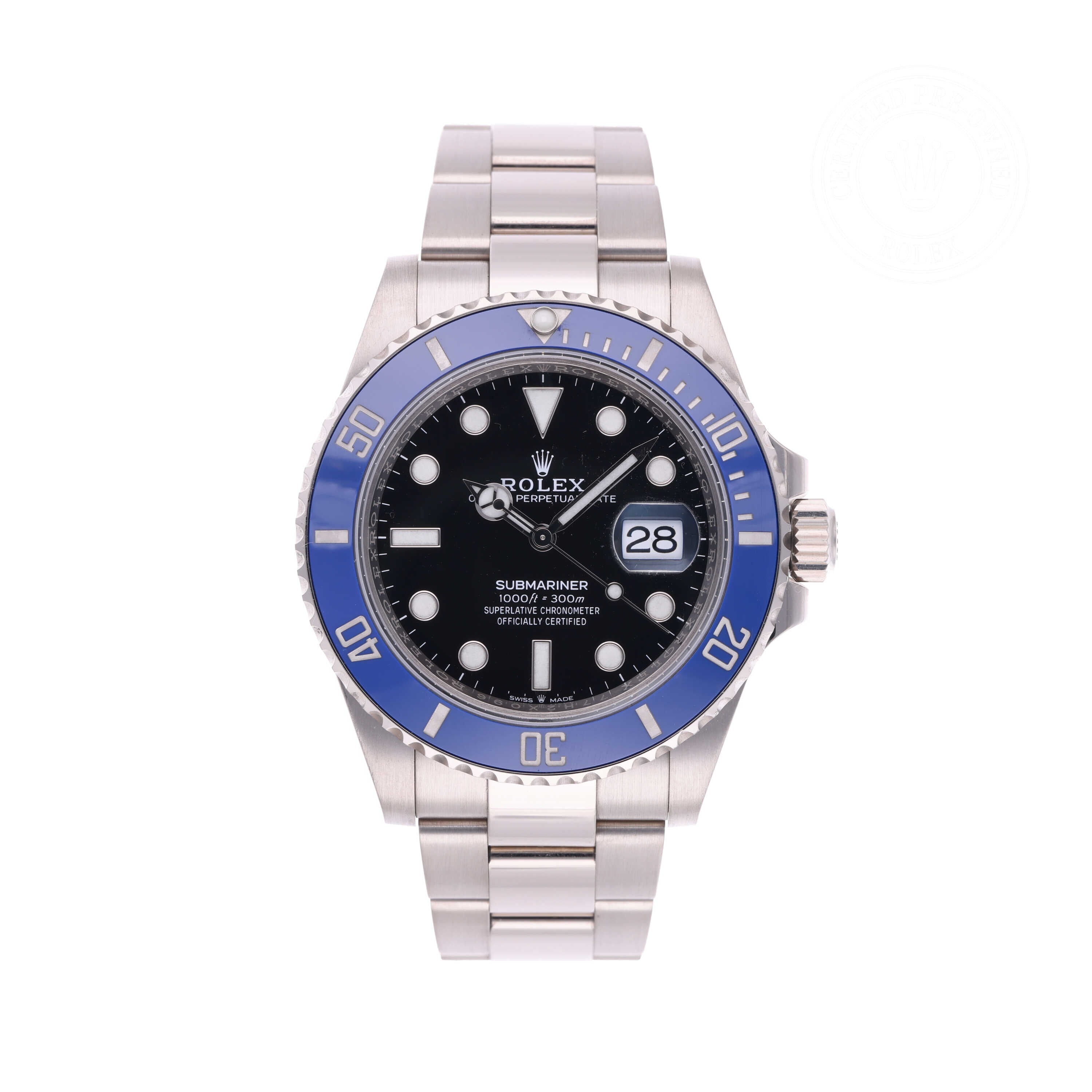 Rolex Certified Pre-owned Submariner M126619LB-0003 front on white background