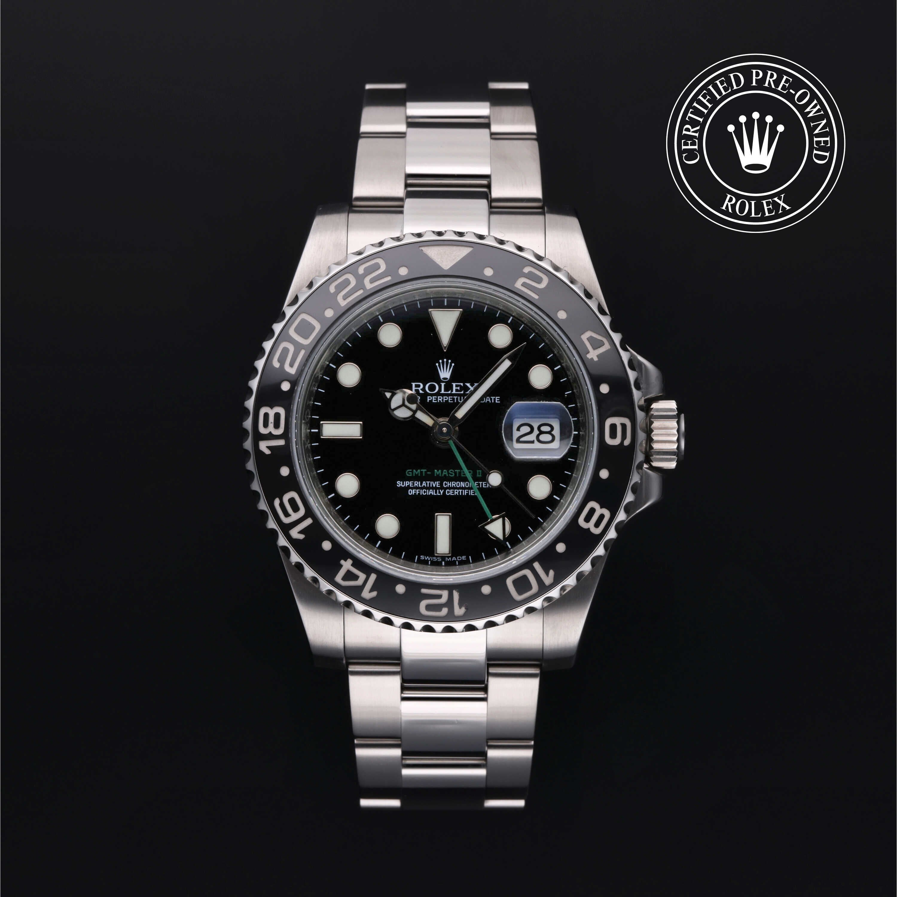 Rolex Certified Pre-owned GMT M116710LN-0001 front on black background