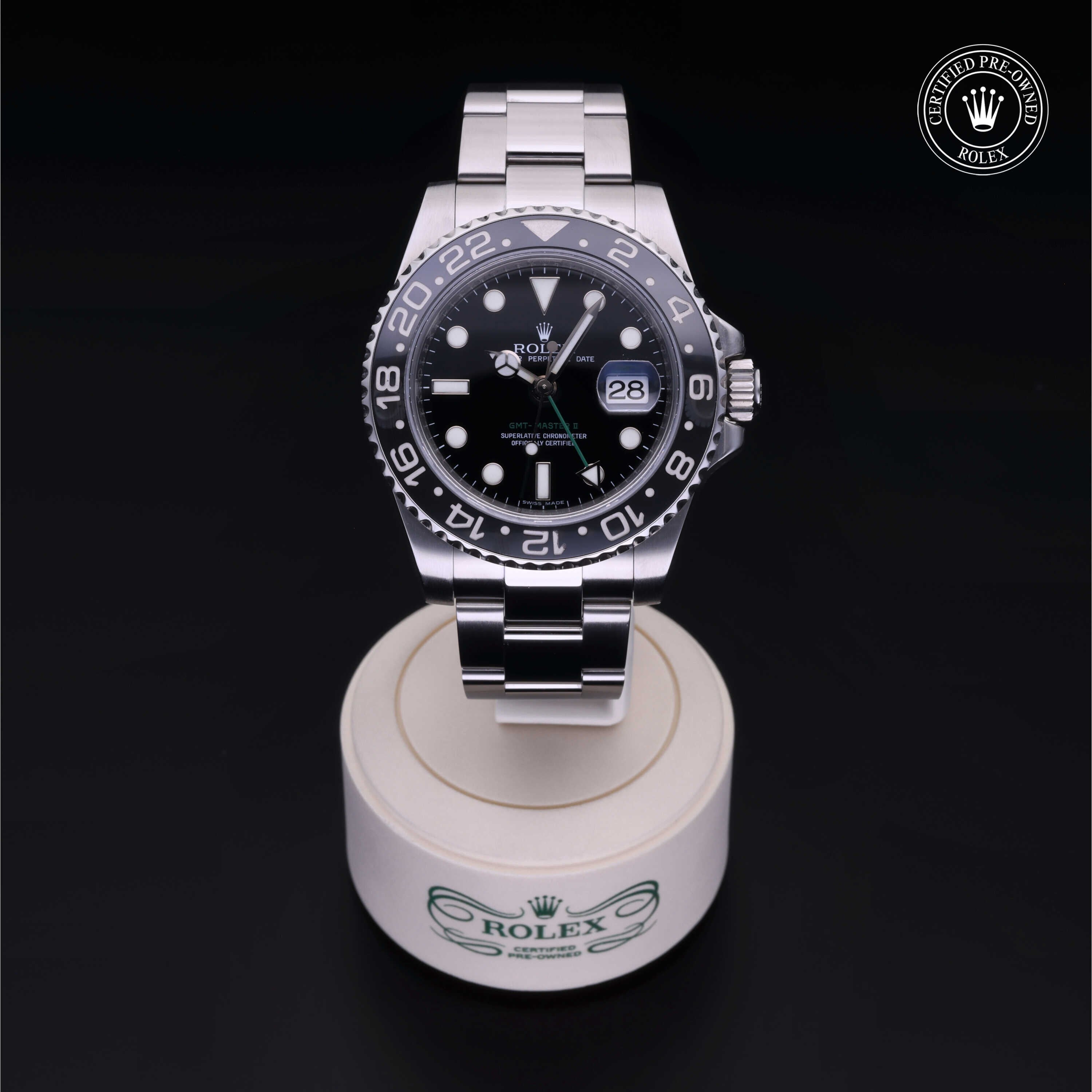 Rolex Certified Pre-owned GMT M116710LN-0001 front on black background