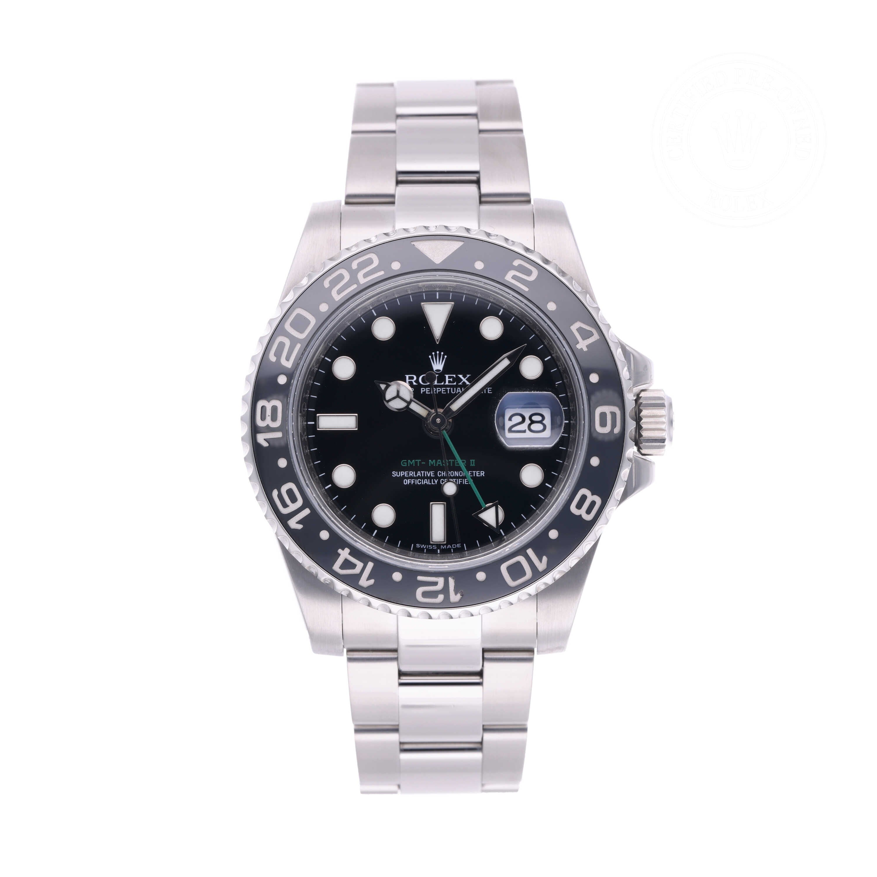 Rolex Certified Pre-owned GMT M116710LN-0001 front on white background