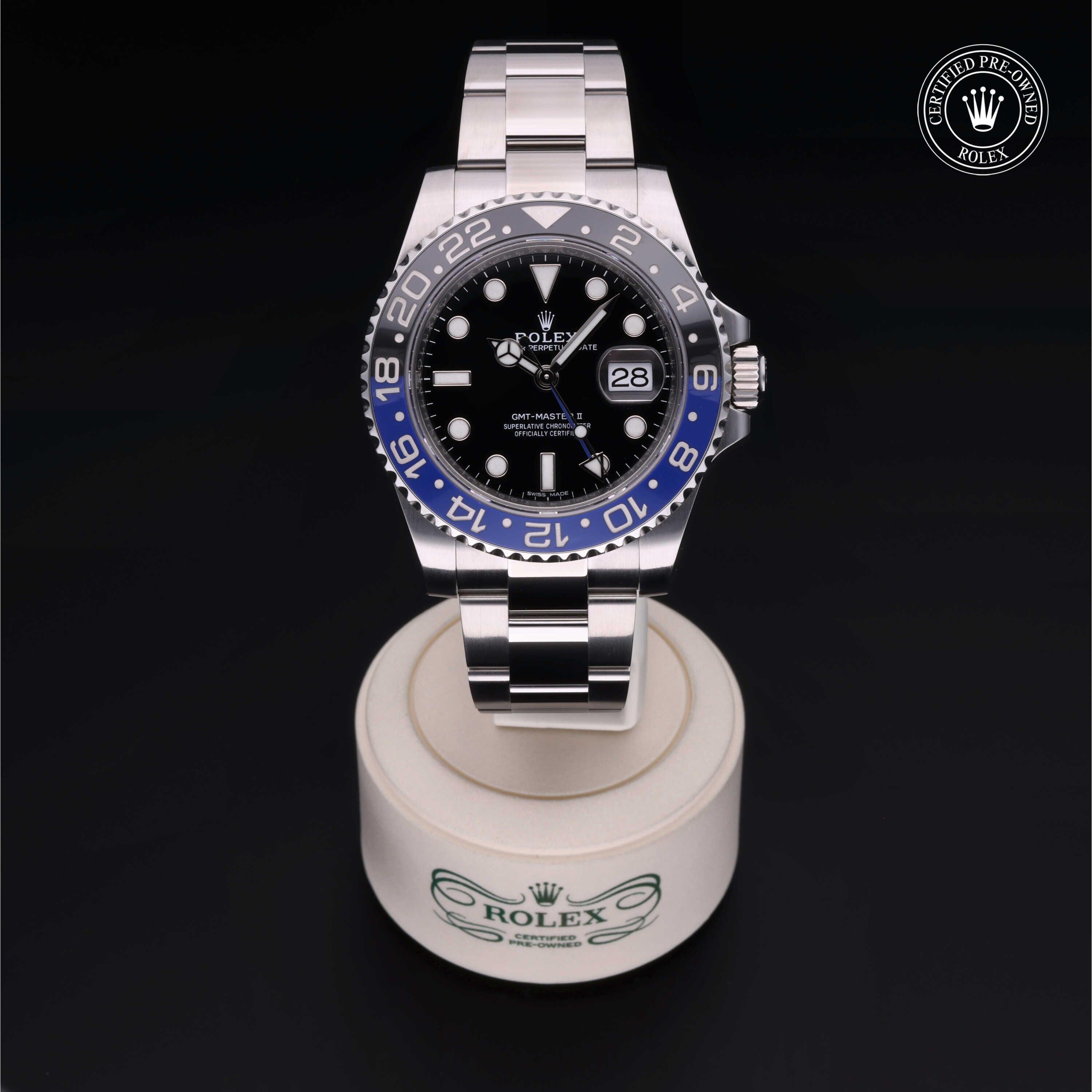 Rolex Certified Pre-owned GMT II M116710BLNR-0002 front on black background