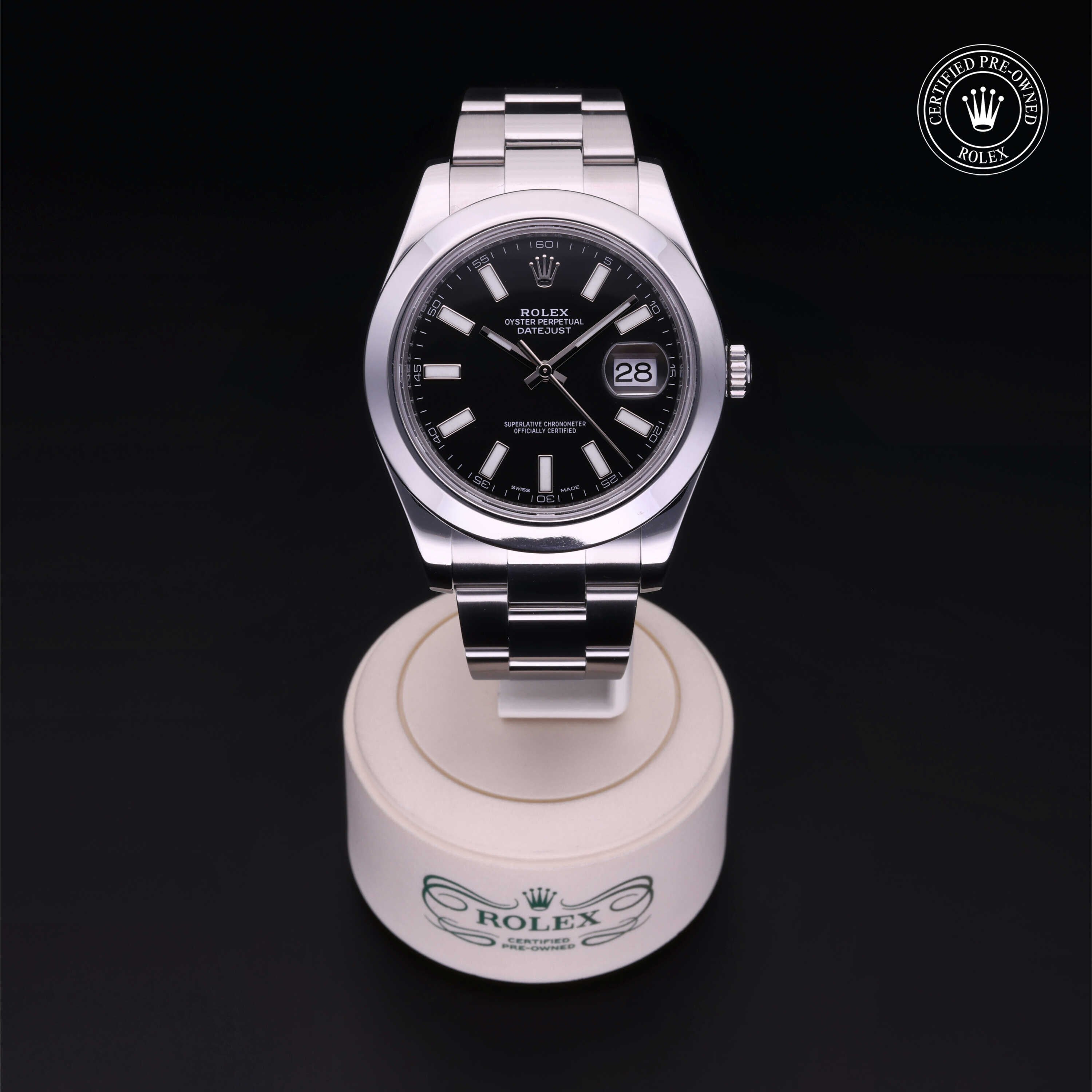 Rolex Certified Pre-owned Datejust M116300-0001 front on black background