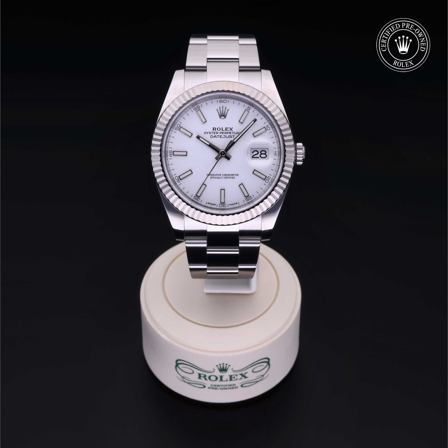 Rolex Certified Pre-owned Datejust M126334-0009 front on black background
