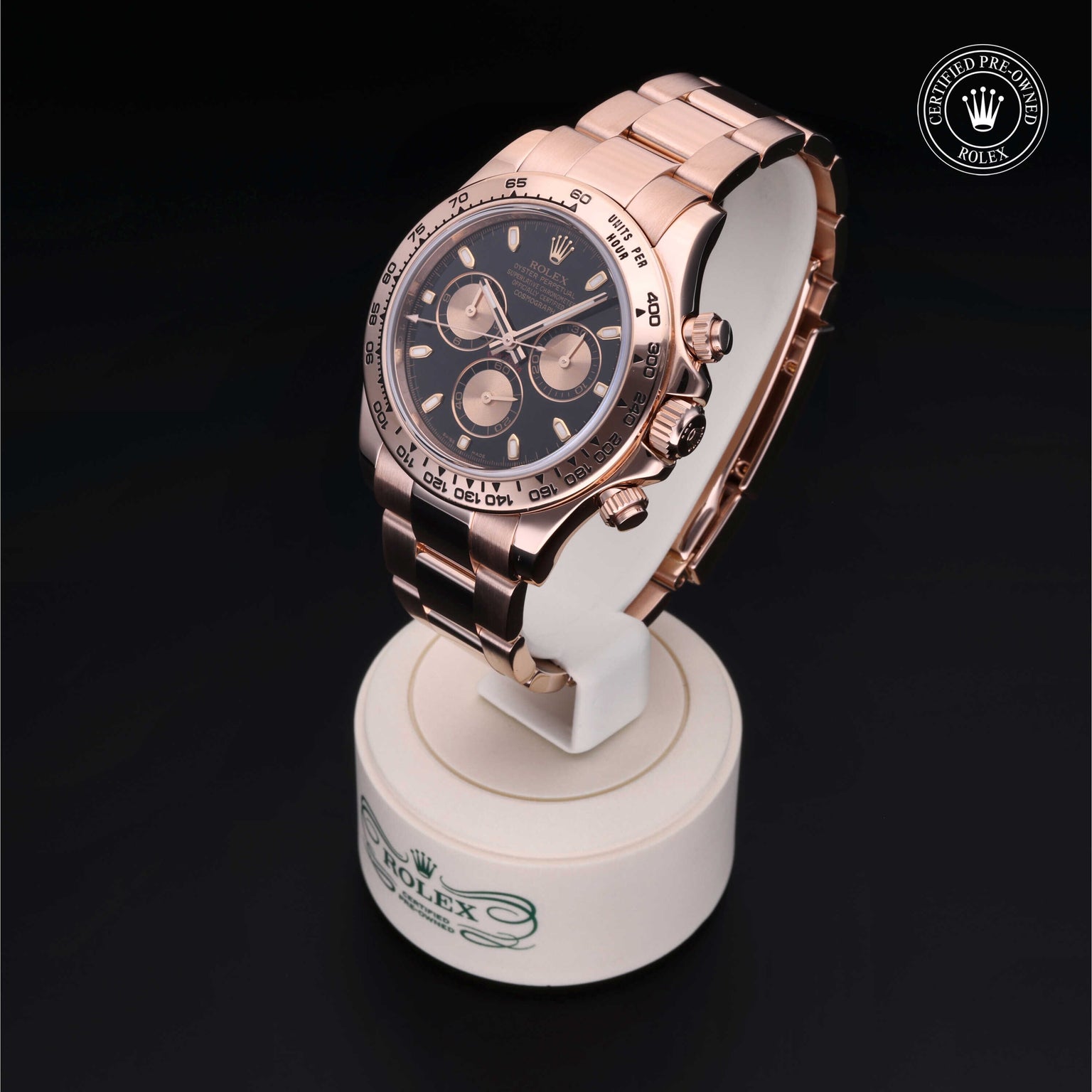 Rolex Certified Pre-owned Daytona M116505-0002 front on black background