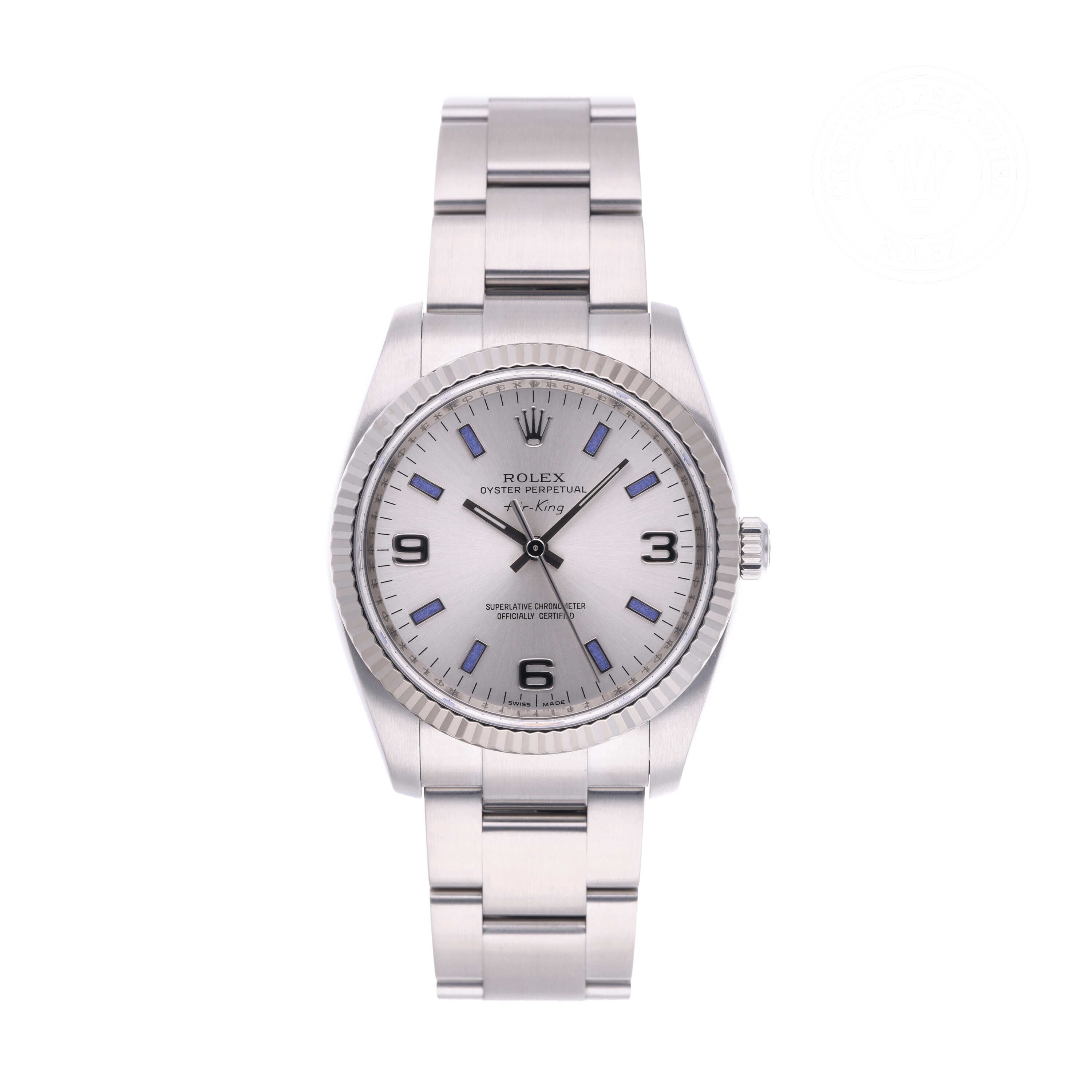 Rolex Certified Pre-owned Air-King M114234-0011 front on white background