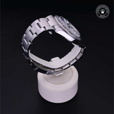 Rolex Certified Pre-owned Explorer M16570-0006 front on black background