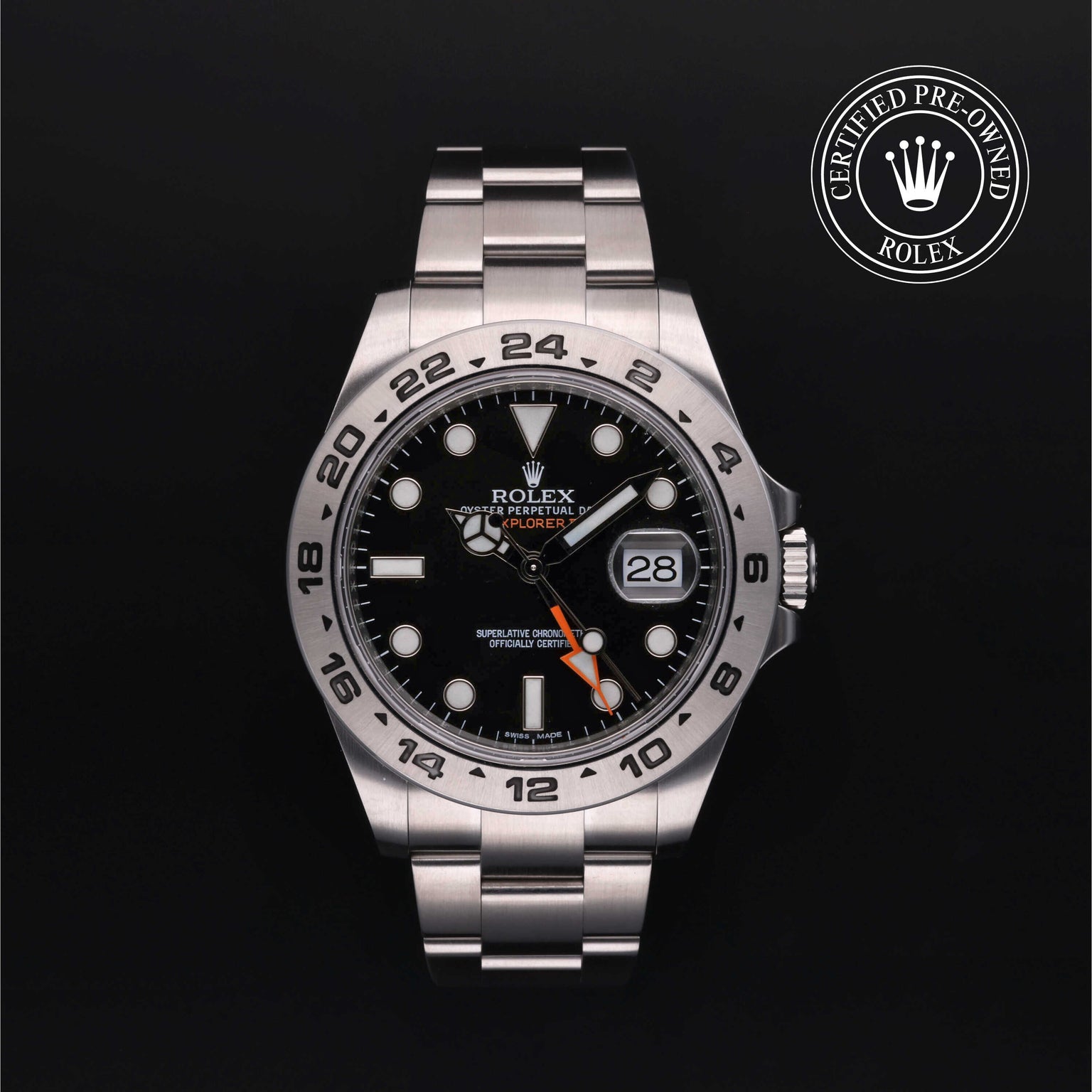 Rolex Certified Pre-owned Explorer M216570-0002 front on black background