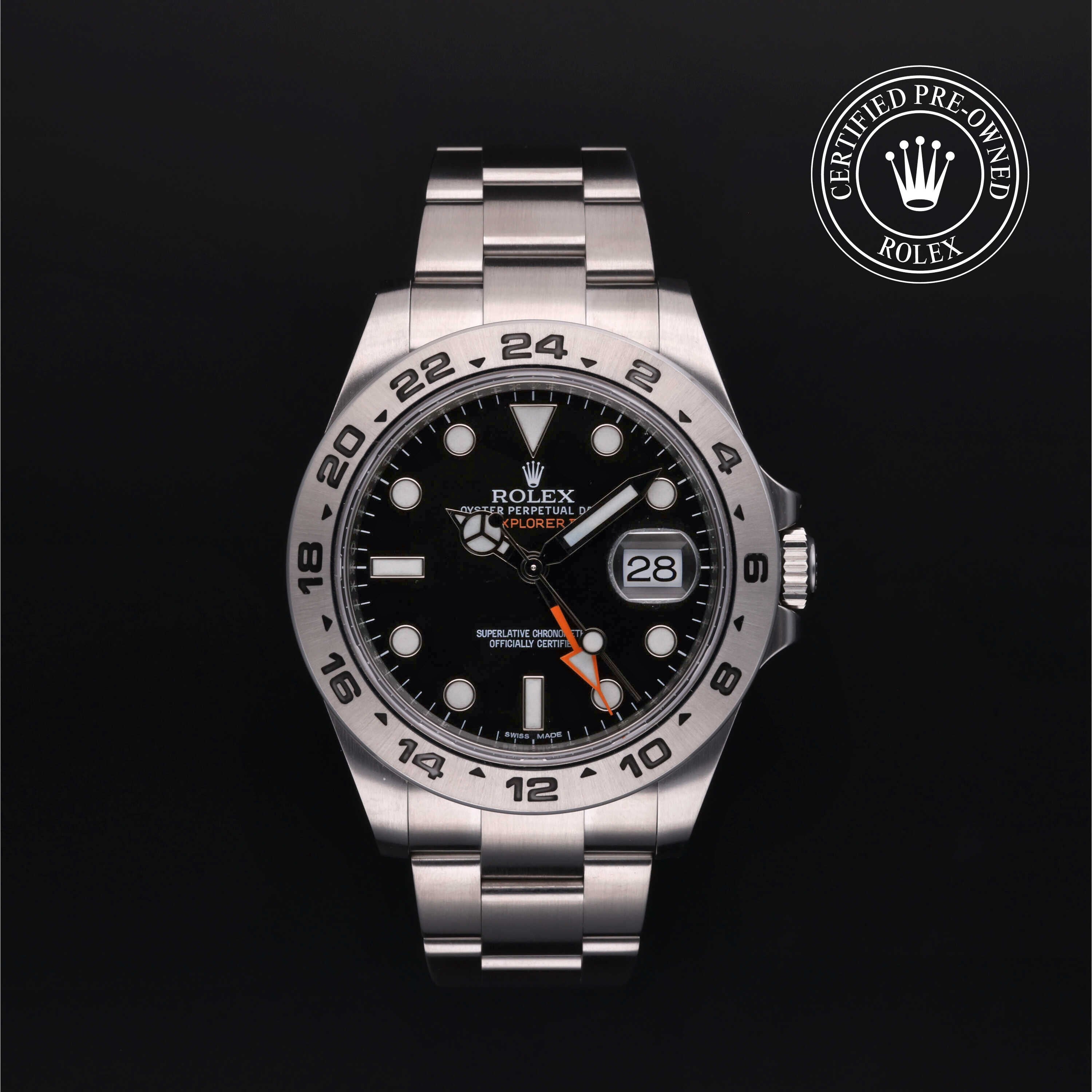 Rolex Certified Pre-owned Explorer M216570-0002 front on black background