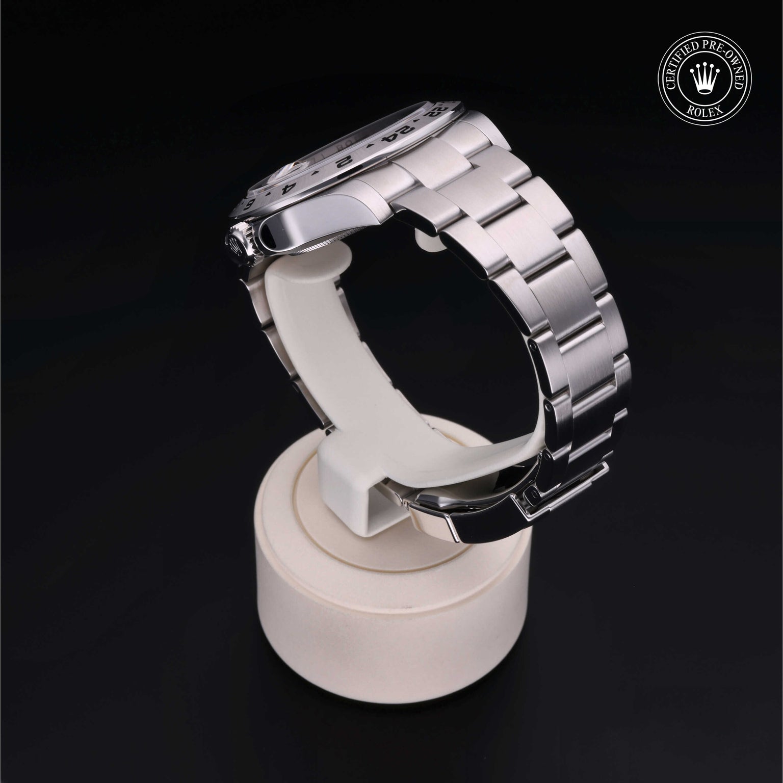 Rolex Certified Pre-owned Explorer M216570-0002 front on black background