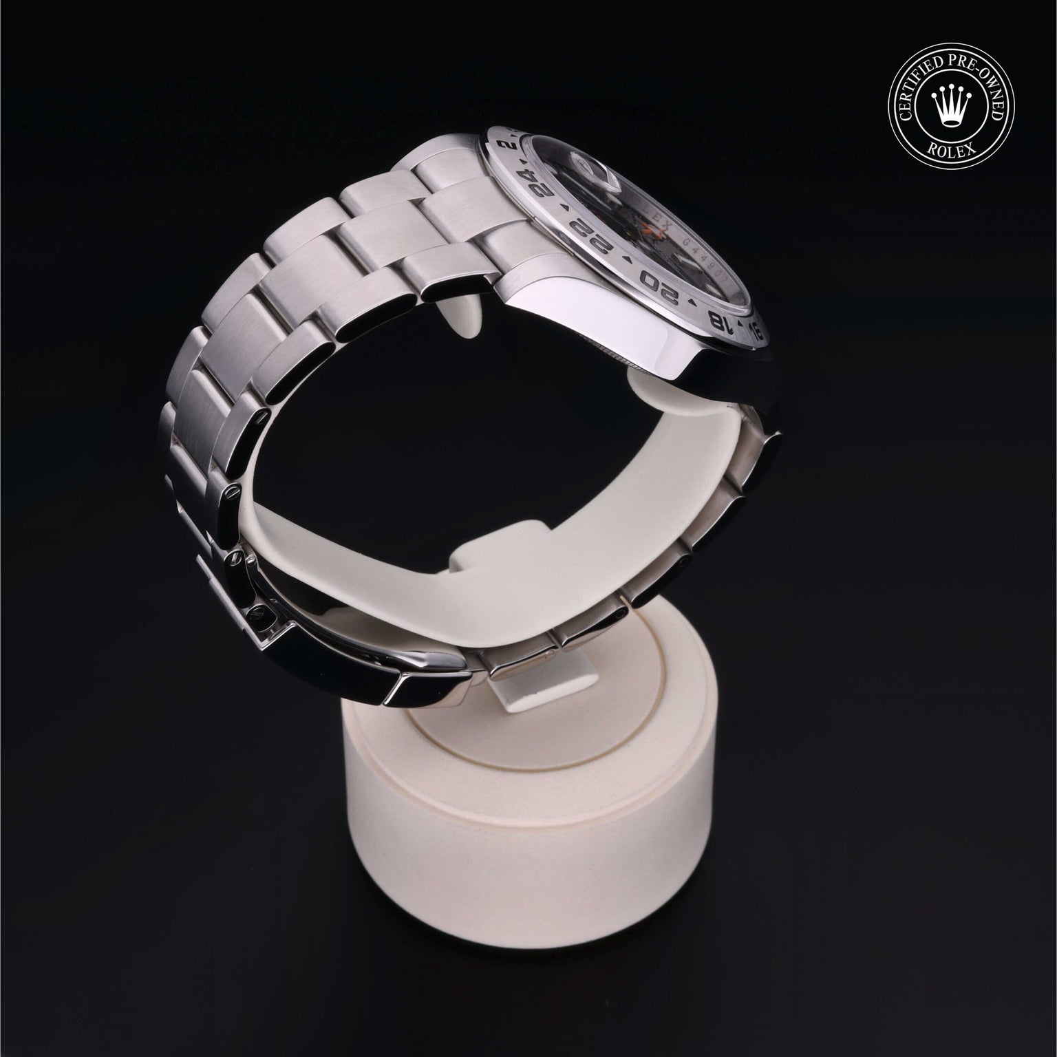 Rolex Certified Pre-owned Explorer M216570-0002 front on black background