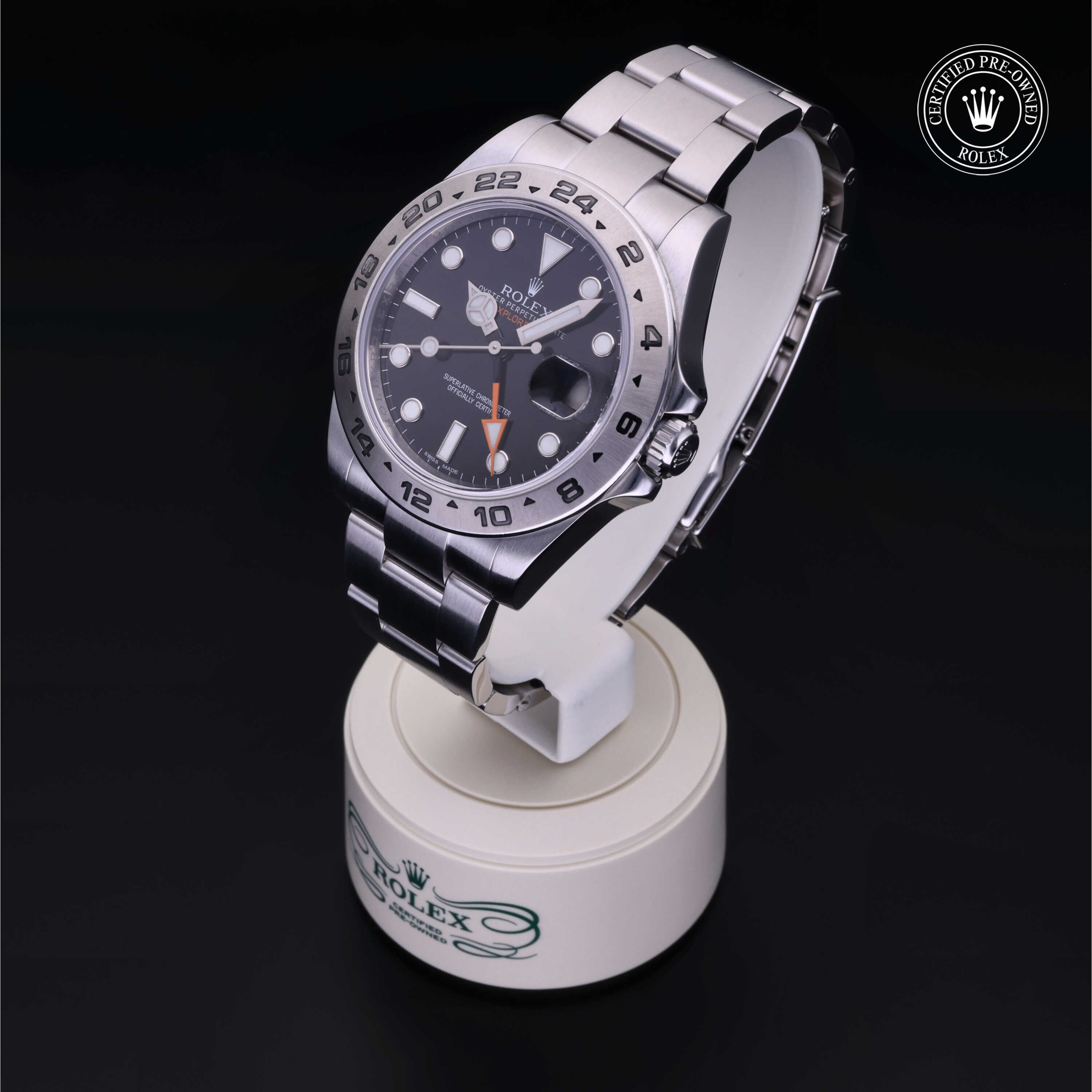 Rolex Certified Pre-owned Explorer M216570-0002 front on black background