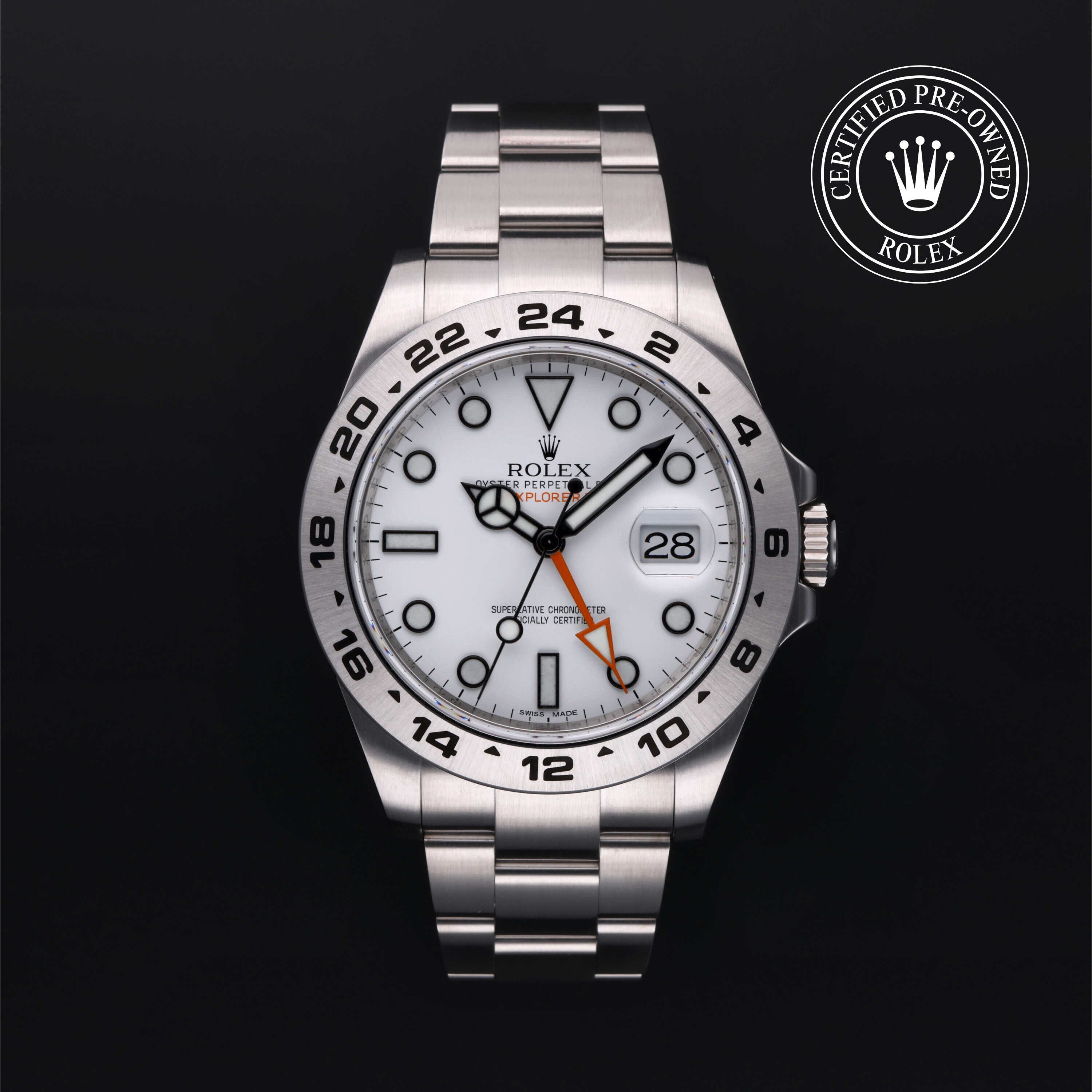Rolex Certified Pre-owned Explorer M216570-0001 front on black background
