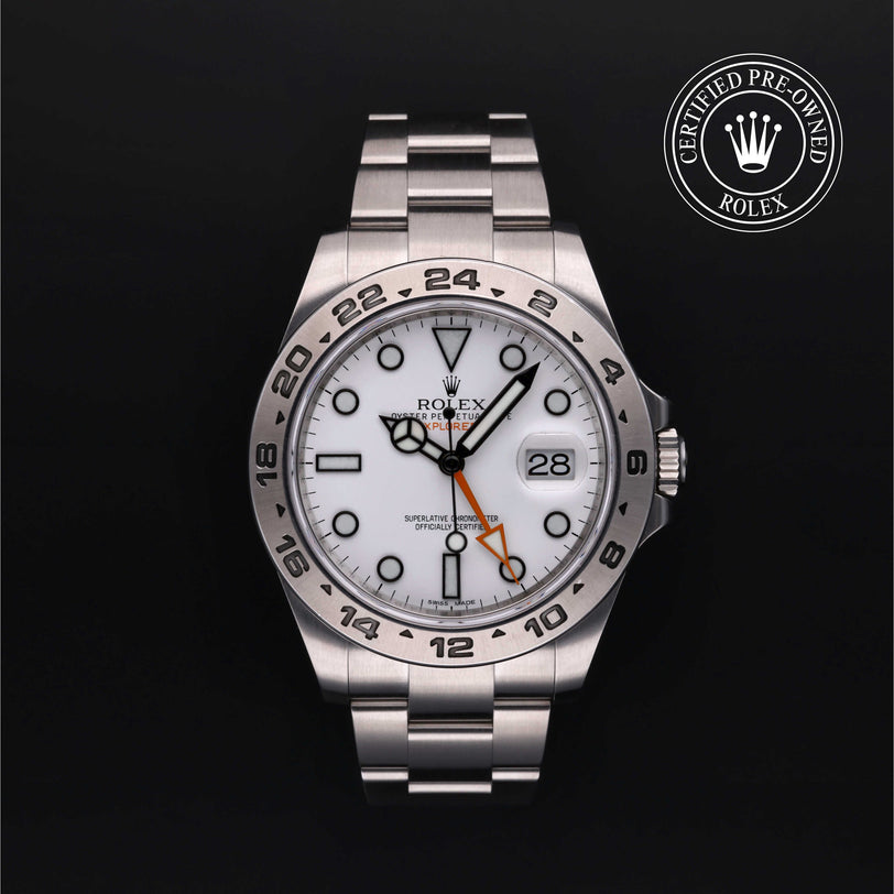 Rolex Certified Pre-owned Explorer M216570-0001 front on black background