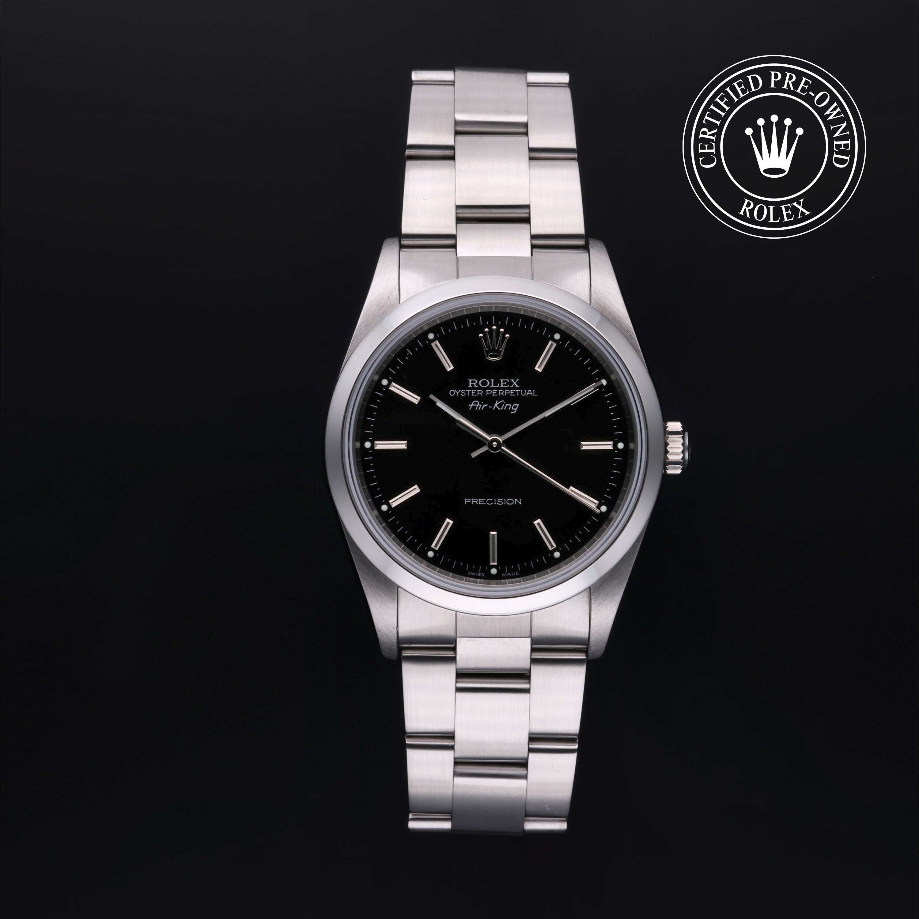 Rolex Certified Pre-owned Air-King M14000-0005 front on black background