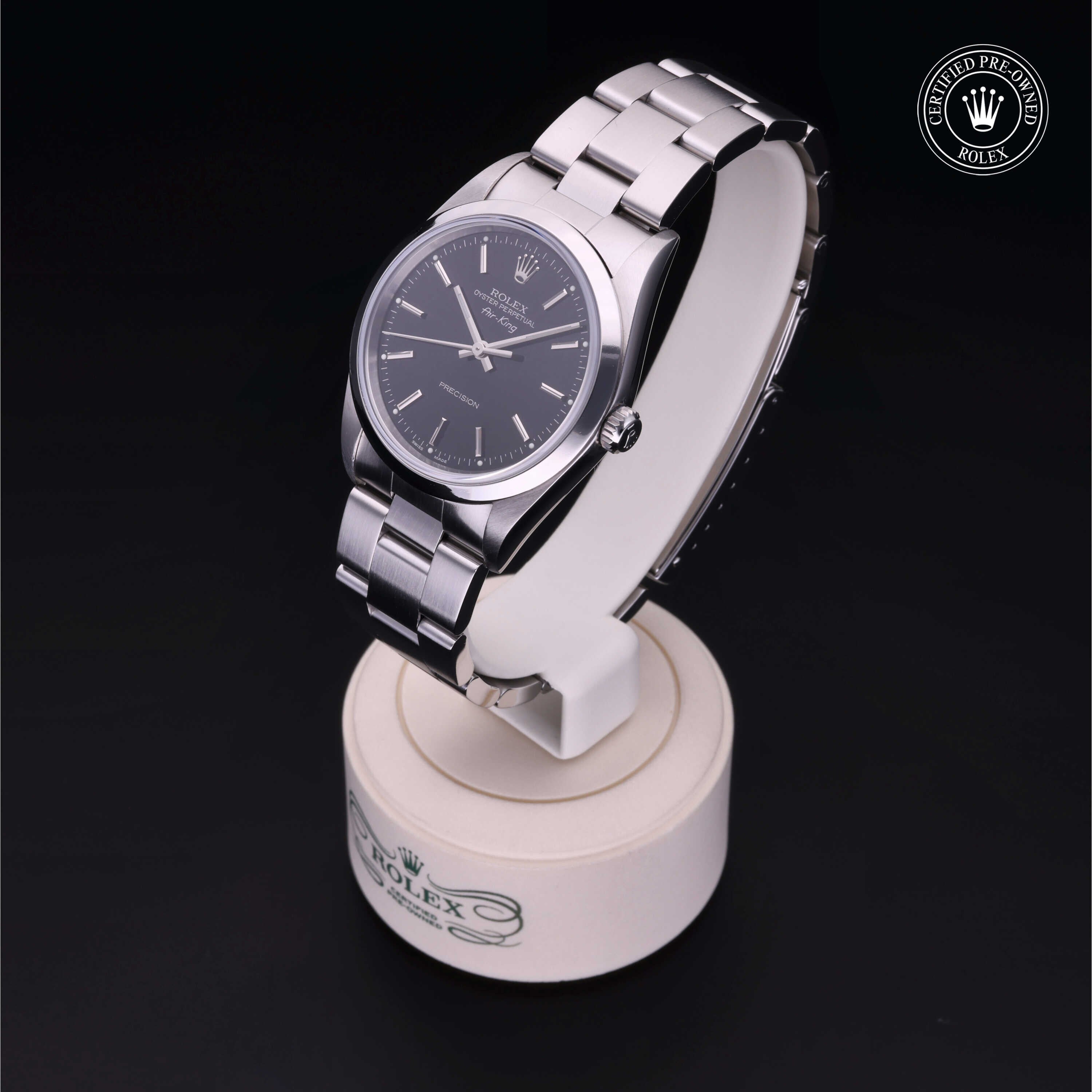 Rolex Certified Pre-owned Air-King M14000-0005 front on black background