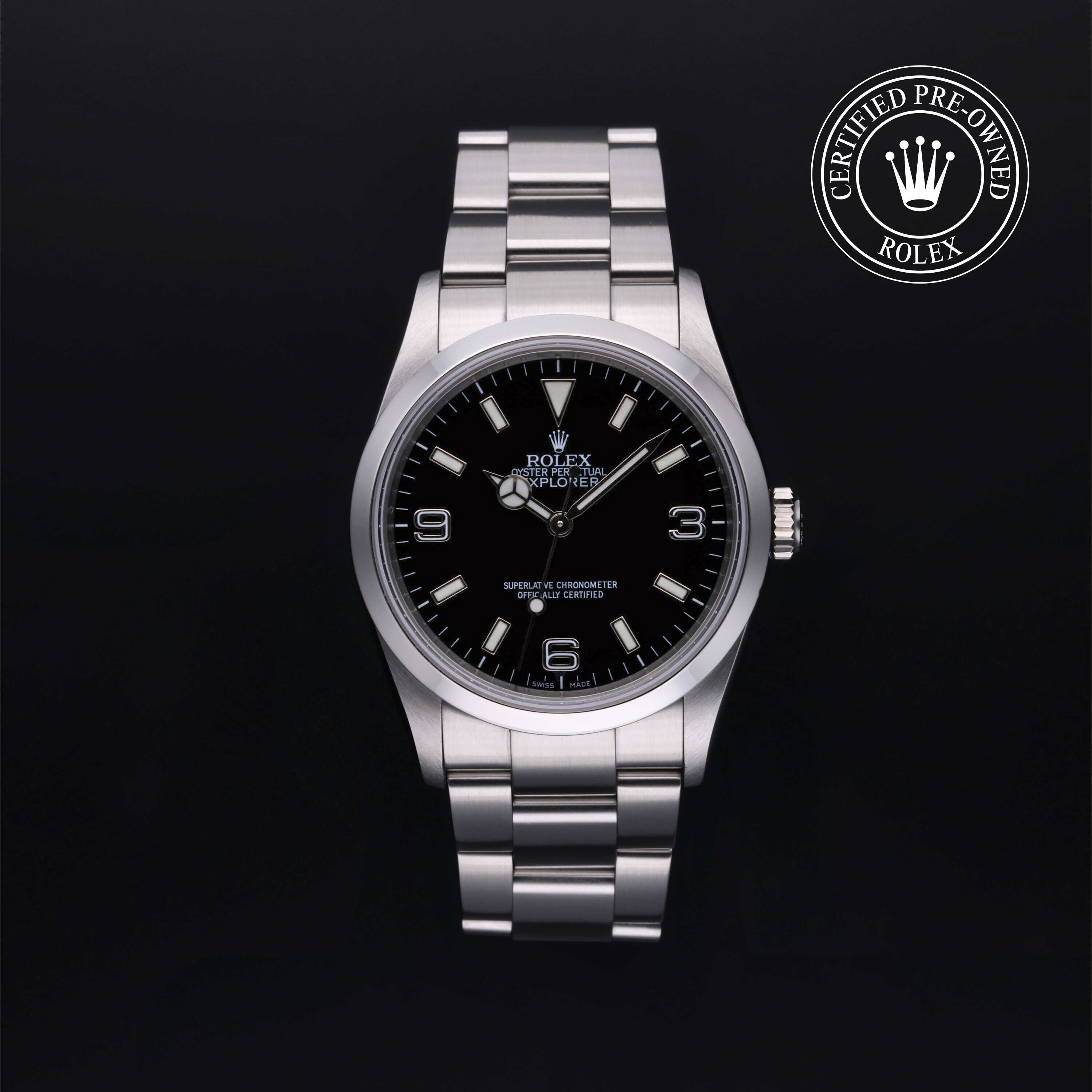 Rolex Certified Pre-owned Explorer M114270-0002 front on black background