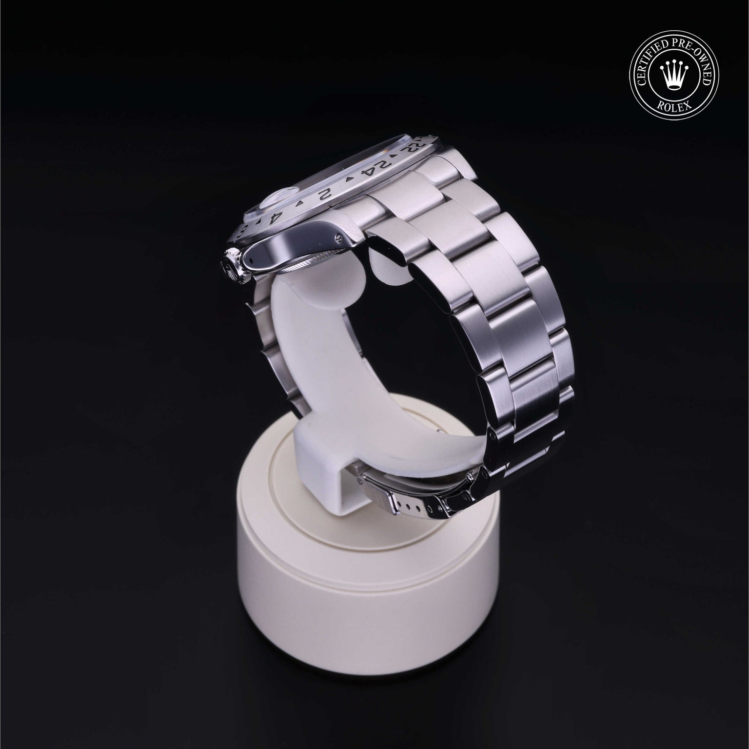 Rolex Certified Pre-owned Explorer M16570-0006 front on black background