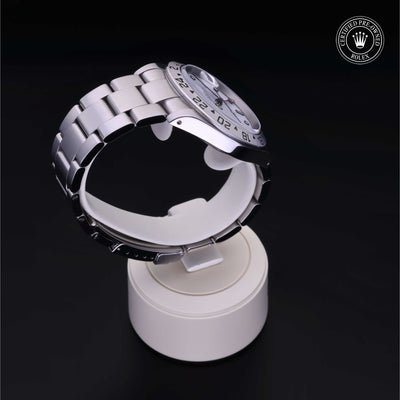 Rolex Certified Pre-owned Explorer M16570-0006 front on black background